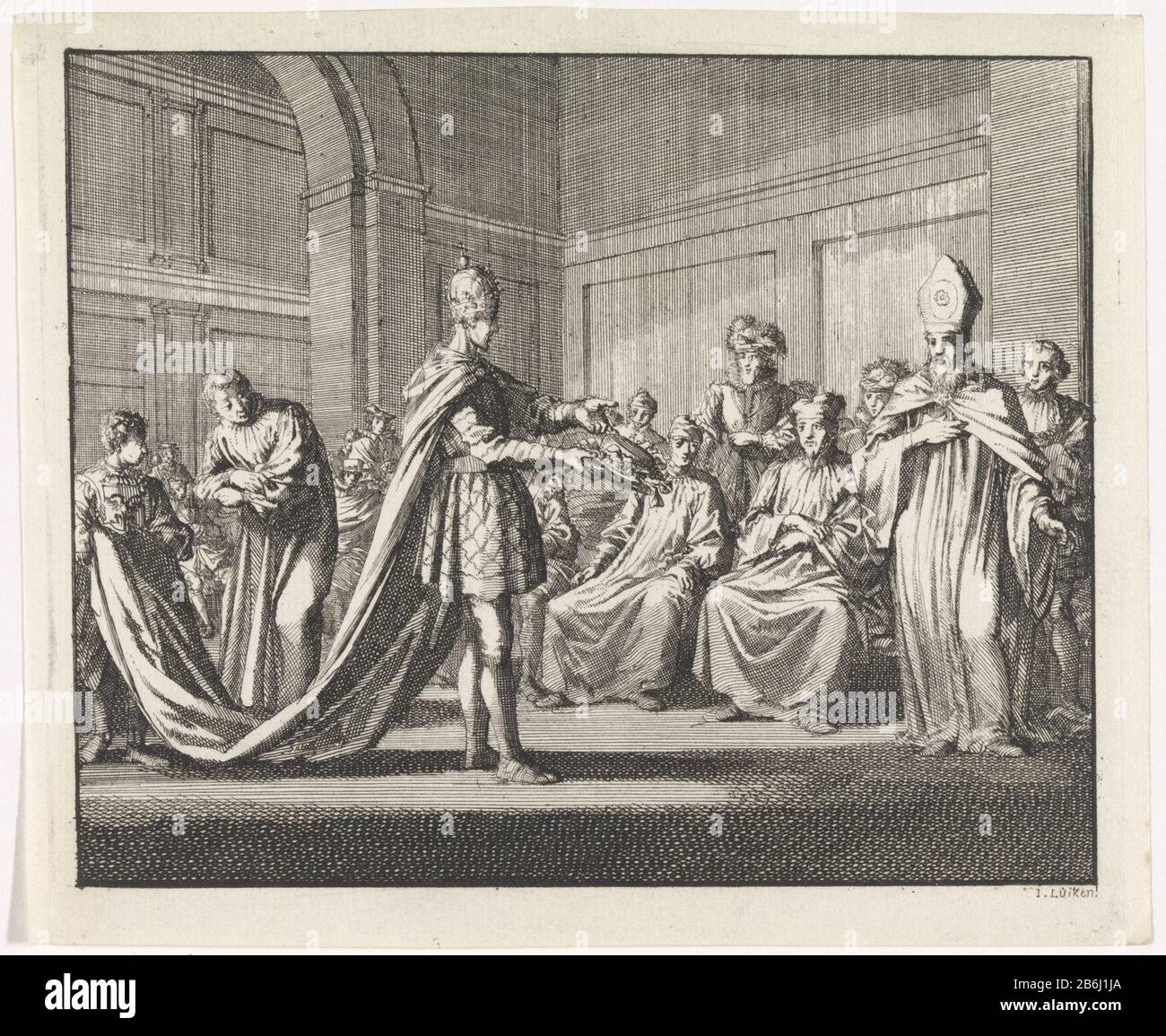 L'empereur affronte l'archevêque avec la richesse de l'église L'empereur allemand représente un archevêque dans ses mains un chapeau orné. Il signale et confronte le clergé actuel à la richesse du kerk. Fabricant : printmaker Jan Luyken (propriété cotée) Lieu de fabrication: Amsterdam Date: 1701 Caractéristiques physiques: Gravure; matériau d'épreuvage: Technique du papier: Gravure Dimensions: Feuille: H 140 mm × W 169 mmTelichtingProefdruk une illustration du livre Arnold Godfried. Où: E image des premiers chrétiens. Amsterdam: Jacobus van Hardenberg, Barent Visscher et James de New Veen, 1700, vol Banque D'Images