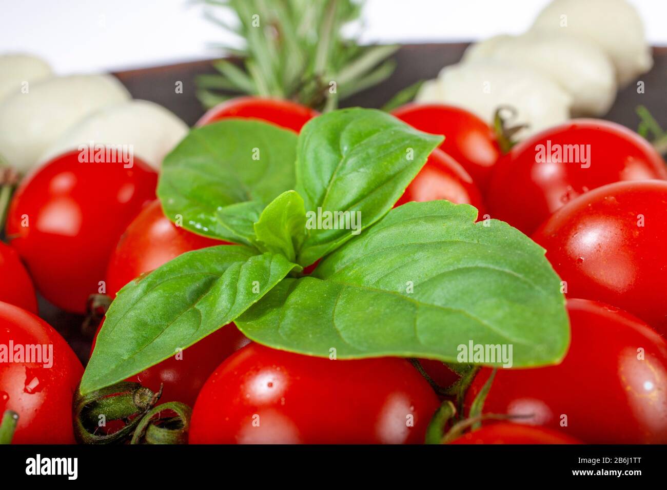 laissez le basilic sur les tomates Banque D'Images