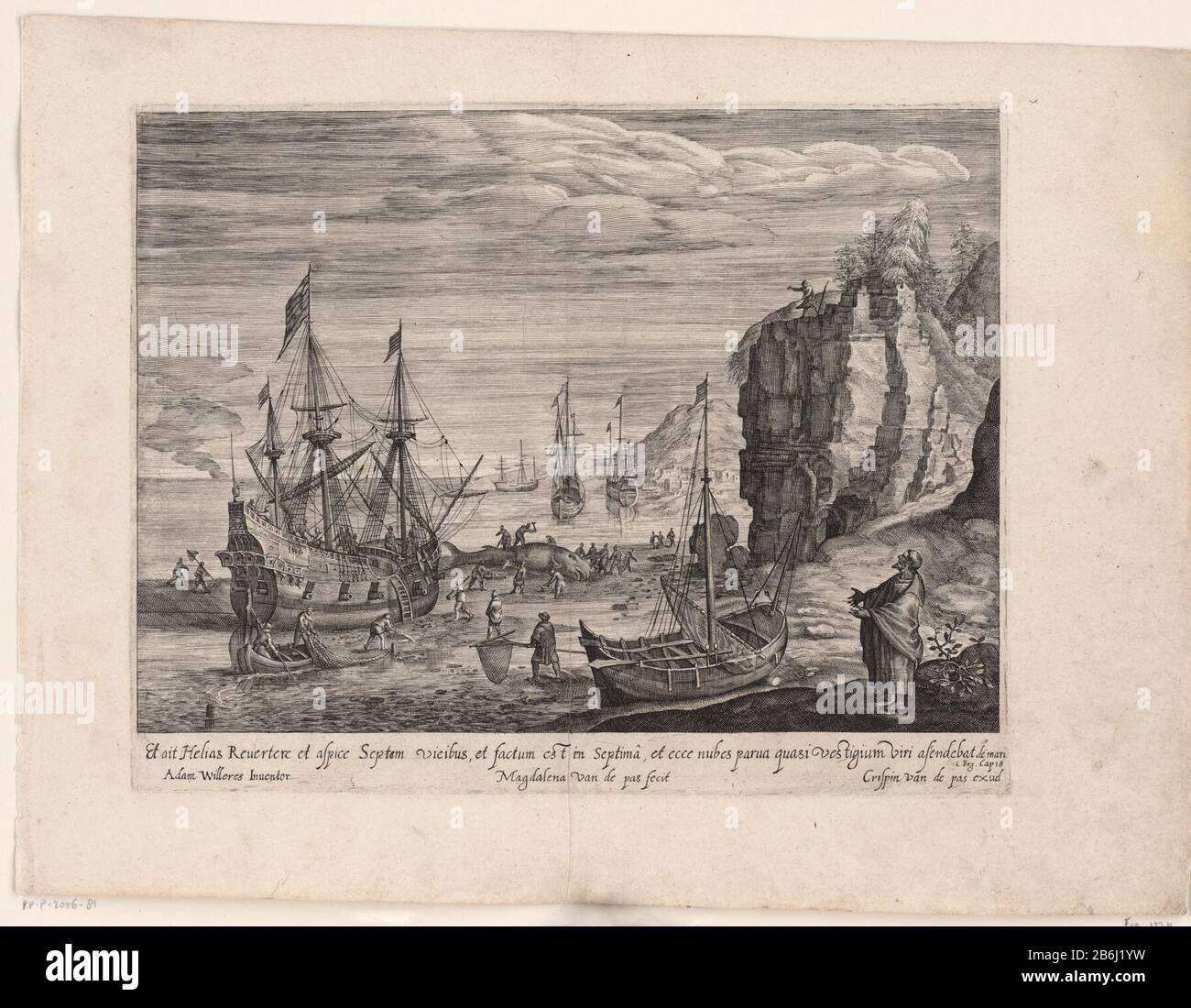 Seascape avec les pêcheurs couper une baleine sur la plage. En premier plan, Élie qui regarde son serviteur sur le Mont Carmel l'est. L'homme signale un petit nuage de pluie qui sort de la mer. Dans la marge Kon une Citation de Bible de 1. 18 à Latijn. Fabricant : printmaker: Magdalena van de Passe (bâtiment classé), conçu par Adam Willaerts (bâtiment classé) éditeur: Crispijn de Passe (I) (bâtiment classé) Lieu de fabrication: Utrecht Date: 1617 - 1634 Caractéristiques physiques: Matériel automobile: Papier technique: Engraa (procédé d'impression) Dimensions: Bord: H 209 mm × W 262 mm Objet: le serva Banque D'Images