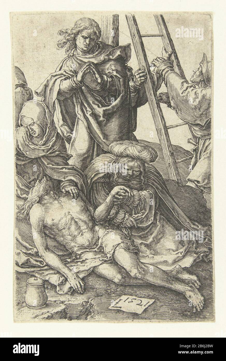 La petite Passion (titre de la série) de la chute transversale Christ mort allongé sur le sol avec sa tête sur le tour de Marie. Mary Magdalene tenant sa main, John se tient derrière eux, à côté de son échelle. Fabricant : printmaker: Lucas van Leyden (bâtiment classé) dans sa conception: Lucas van Leyden Lieu de fabrication: Pays-Bas Date: 1521 Caractéristiques physiques: Matériau de la voiture: Technique du papier: Engraa (processus d'impression) Dimensions: Feuille: H 118 mm × W 77 mm Sujet: Corps du Christ couché sur le sol Banque D'Images