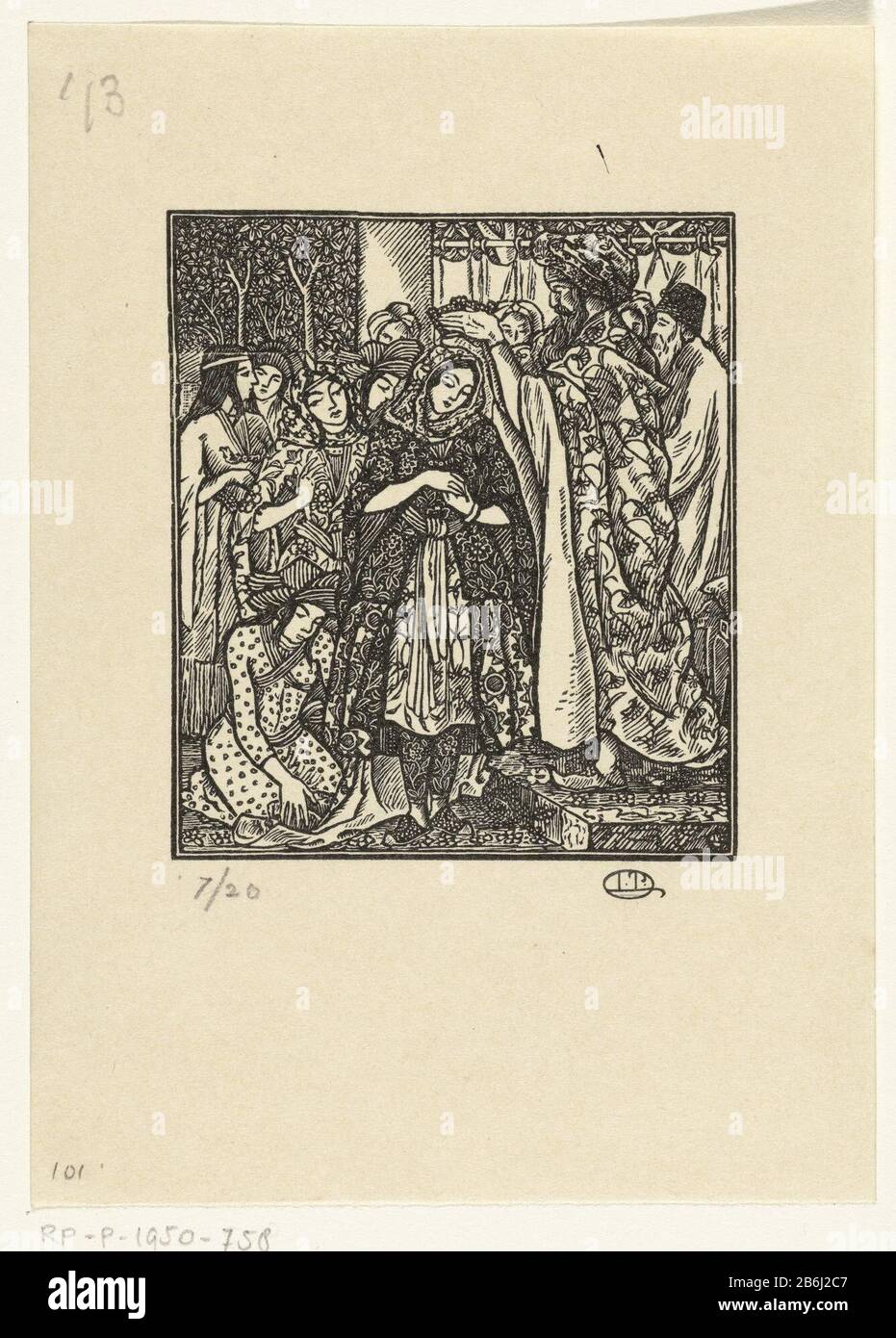 Le couronnement d'Esther Ahasuerus prend Esther comme sa nouvelle femme et la couronne à koningin. Fabricant : printmaker: Lucien Pissarro (propriété cotée) coupe-bloc: Lucien Pissarro Editeur: Lucien Pissarro Lieu de fabrication: Printmaker: Angleterre Éditeur: Hammersmith Date: 1896 Caractéristiques physiques: Bois engrala matière: Papier technique: Bois engrala dimension: Image: H 77 mm × W 67 mmToelichtingde voiture en bois est fait comme une illustration du livre de Ruth et du livre d'Esther, imprimé à Eragny (l'impression de Lucien Pissarro et de sa femme) en 1896 et verkoocht à Hacon et Ricketts. K.Botk Banque D'Images