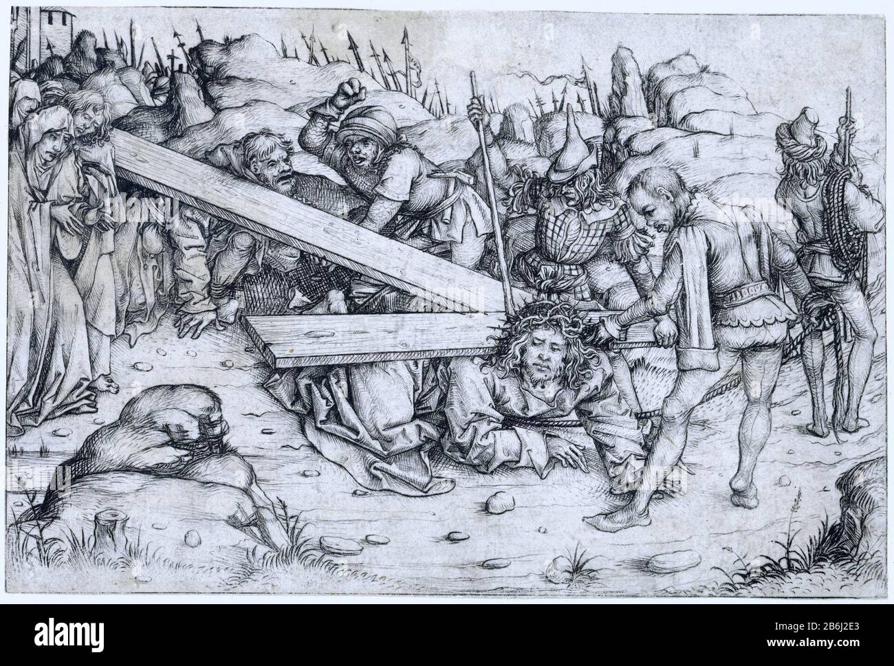 La croix Christ s'est effondrée sous le poids de la croix. Fabrication Vervaardiger: Print maker, Master of the Amsterdam Cabinet to own design of Master of the Amsterdam Cabinet Place fabricación: Allemagne Date: 1478 - 1482 Caractéristiques physiques: Matière sèche: Technique du papier: Mesure du point sec: Feuille: H 128 mm × W 193 mmToelichtZeinger bonne pression uniforme. Trois copies Save: D, deux autres dans l'Art Institute, Chicago et Veste Coburg, Coburg. Objet: Le Christ s'effondre  transportant la croix Simon le Cyrénien Obligé d'aider le Christ à porter la croix Banque D'Images