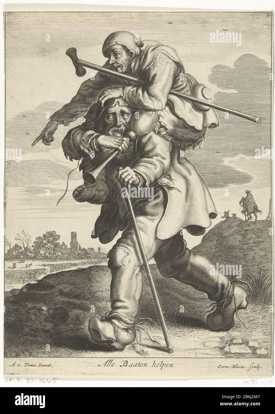 Le boiteux et l'aveugle un homme aveugle porte sur son dos un homme boiteux . L'homme qui pointe la route aveugle. Légende : Tous Les Baaten Helden. Fabricant : printmaker Cornelis Bloemaert (II) (bâtiment classé) à concevoir: Adriaen Pietersz. Van de Venne (propriété cotée) Lieu de fabrication: Utrecht Date: 1620 - 1630 Caractéristiques physiques: Matière automobile: Papier technique: Engrara (impression) Dimensions: Feuille: H 271 mm × W 202 mm Objet: Arrêter le store Banque D'Images