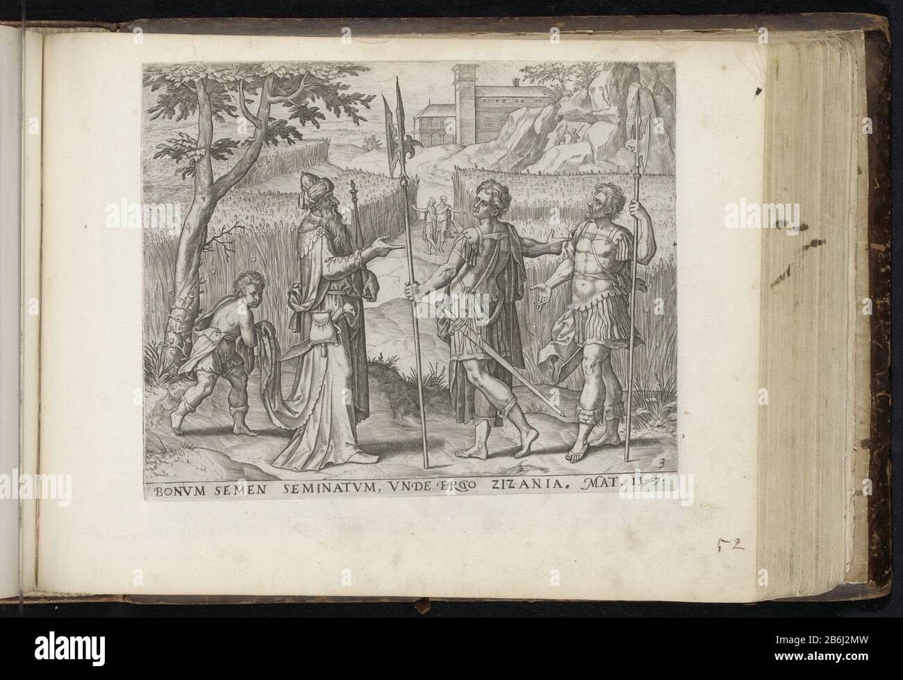 Le locateur inspecte les champs Leeringhe Iesu par Gelyckenissen (titre de série) Parabole du Sower (titre de série) Le Grand Figer-Bibel (titre de série) les serviteurs, tous deux avec un halberd en main, demandent au locateur si les mauvaises herbes du blé doivent: Den. Le locateur répond que le grain et continue de cultiver les mauvaises herbes jusqu'à la récolte. Un garçon tient le vêtement du propriétaire. Parmi la référence de performance en latin à la Bible en Matt. 13:27. Cette impression fait partie d'un album. Fabricant : Printmaker Pieter Jalhea Furniusnaar Design: Gerard Van Groeningen Editeur: Claes Jansz. Vissche Banque D'Images