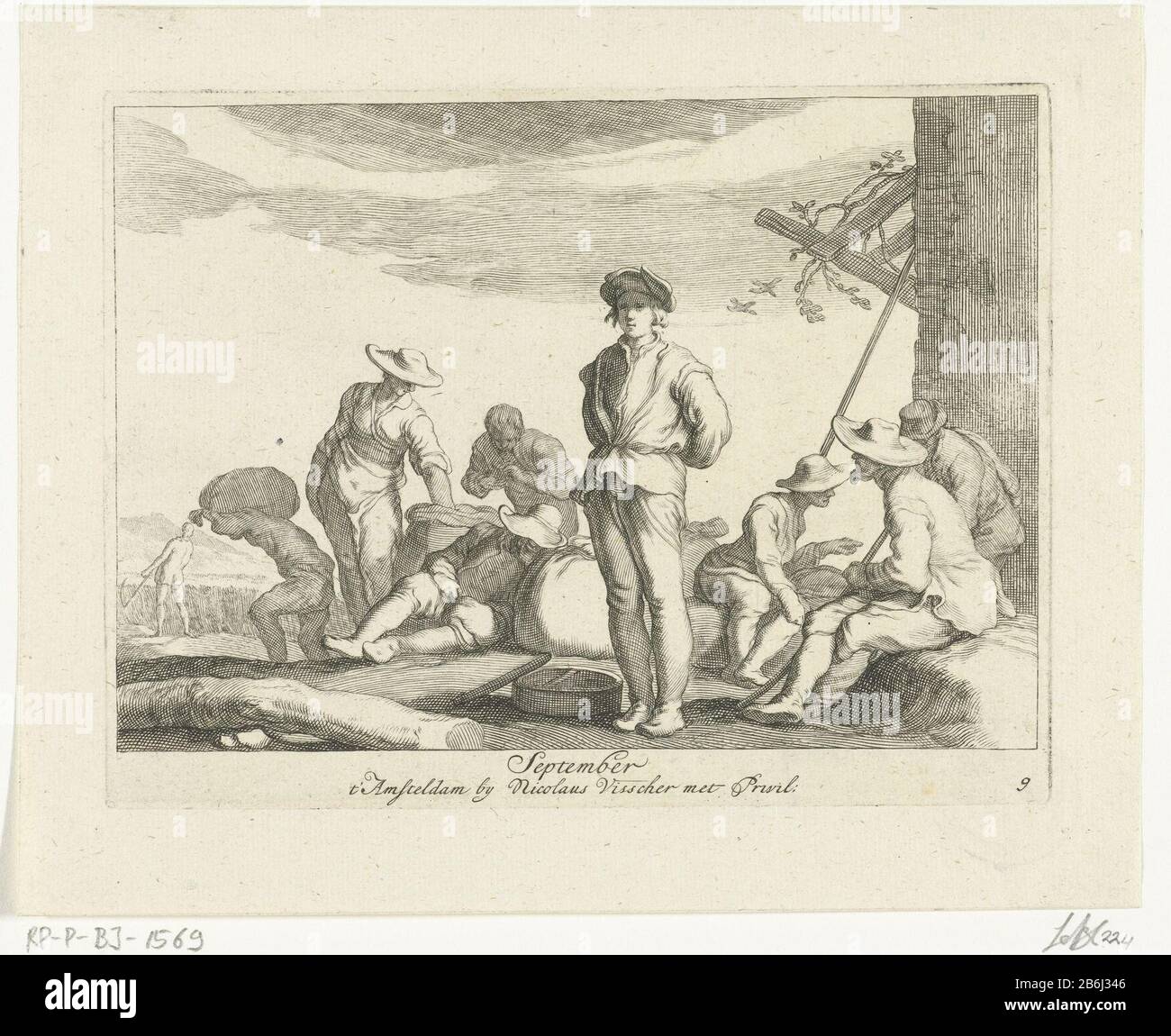 Septembre (titre objet) Les Mois de l'année (titre de la série) Les Agriculteurs avec leur rendement de la récolte de blé. Deux groupes d'hommes de chaque côté d'un homme debout. Fabricant : printmaker: Frederick Bloemaert à concevoir: Abraham Bloemaert Editeur: Nicolaes Visscher (I) (bâtiment classé) Lieu de fabrication: Printmaker: Utrecht Editeur: Amsterdam Date: Après 1635 - 1670 Caractéristiques physiques: Matière automobile: Papier technique: Engraa (procédé d'impression) mesures: Bord: H 130 mm × W 165 mm Objet: Septembre et ses travaux de storing dans des sacs  les agriculteurs de récolte Banque D'Images