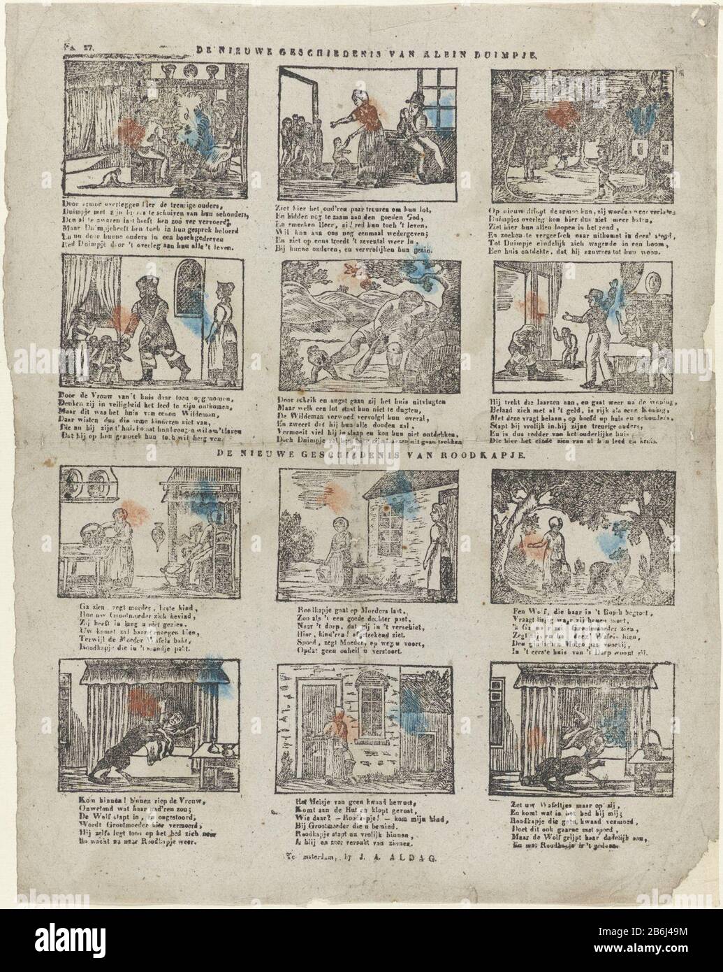 La nouvelle histoire de Tom Thumb la nouvelle histoire de Little Red Riding Hood (objet titre) la feuille 12 montre, Où: Six scènes de l'histoire de Tom Thumb et six scènes de l'histoire De Little Red Riding Hood. Sous chaque performance un verset de six lignes. Numéroté en haut à gauche : n° 27. Fabricant : Vendeur: J.A. Aldag (bâtiment classé) éditeur: Bernardus Jan Ulrich auteur: Anonyme place Fabrication: Vendeur: Amsterdam Éditeur: Rotterdam auteur: Pays-Bas Date: 1816 - 1849 Caractéristiques physiques: Boiseries colorées en orange et en bleu; matériel d'impression de texte: Papier technique: Bois/couleurs / pr Banque D'Images