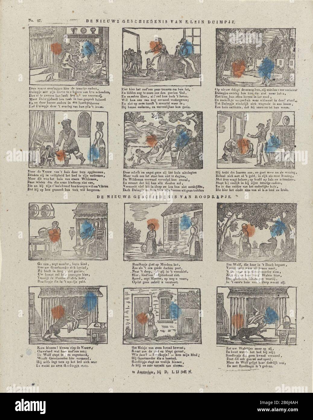 La nouvelle histoire de Tom Thumb la nouvelle histoire de Little Red Riding Hood (objet titre) la feuille 12 montre, Où: Six scènes de l'histoire de Tom Thumb et six scènes de l'histoire De Little Red Riding Hood. Sous chaque performance un verset de six lignes. Numéroté en haut à gauche : n° 27. Fabricant : Vendeur: D. Lijsen (bâtiment classé) Editeur: Bernardus Jan Ulrich Imprimer auteur: Anonyme lieu Fabrication: Vendeur: Amsterdam Éditeur: Rotterdam Imprimer auteur: Pays-Bas Date: 1836 - 1849 Caractéristiques physiques: Boiseries colorées en orange et bleu; matériel d'impression de texte: Technique papier: Coupe / couleurs / pri Banque D'Images