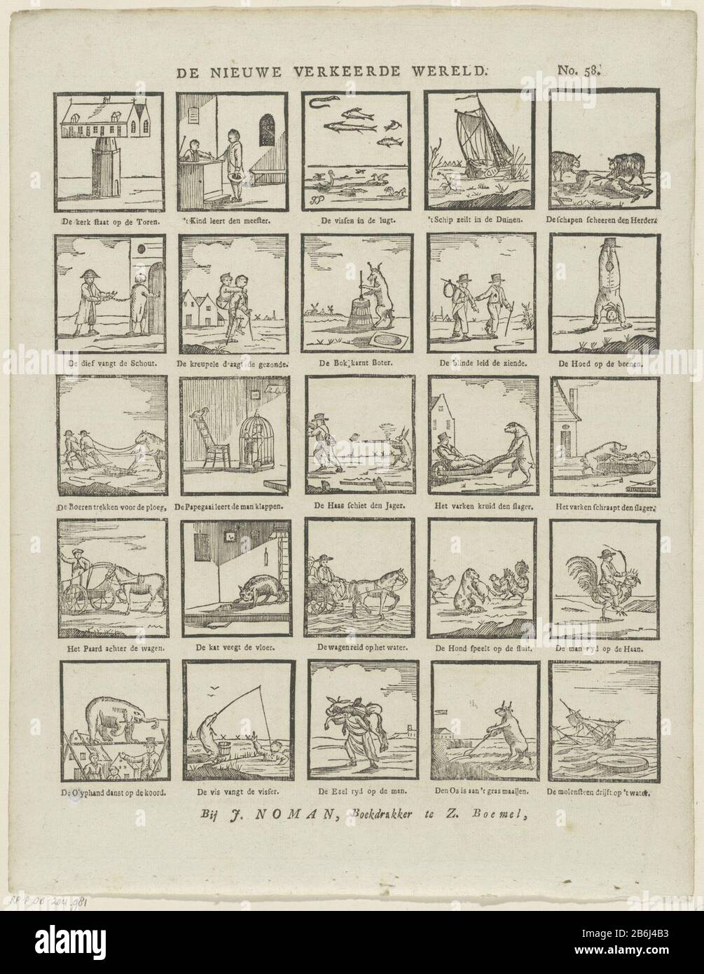 Le nouveau monde faux (objet titre) feuille avec 25 performances du mauvais monde , Où: Entre autres animaux se comportent comme des humains. Sous chaque image pour une légende. Numéroté en haut à droite : N° 58. Fabricant : printmaker Jacob plugger (bâtiment classé) Editeur: Johan Noman (propriété cotée) Lieu de fabrication: Printmaker: Pays-Bas Éditeur: Zaltbommel Date: 1806 - 1830 Caractéristiques physiques: Bois et impression de texte technique: Papier technique: Coupe du bois / impression formats: Feuille : h 406 mm × W 316 mm Objet: animaux en tant que gens gedragen'mundus inversus, le monde inversé, le monde tourvy-supérieur, 'le m Banque D'Images