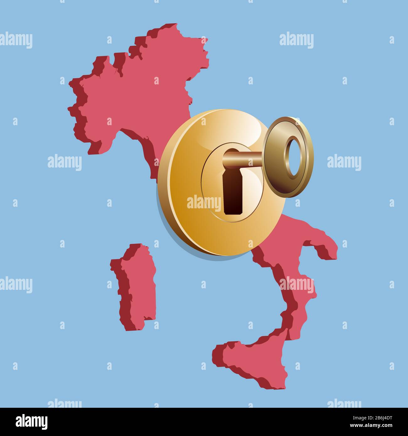 Isolement de l'Italie en raison de l'épidémie de Coronavirus. Verrou et clef sur la carte de l'Italie. Illustration vectorielle Illustration de Vecteur