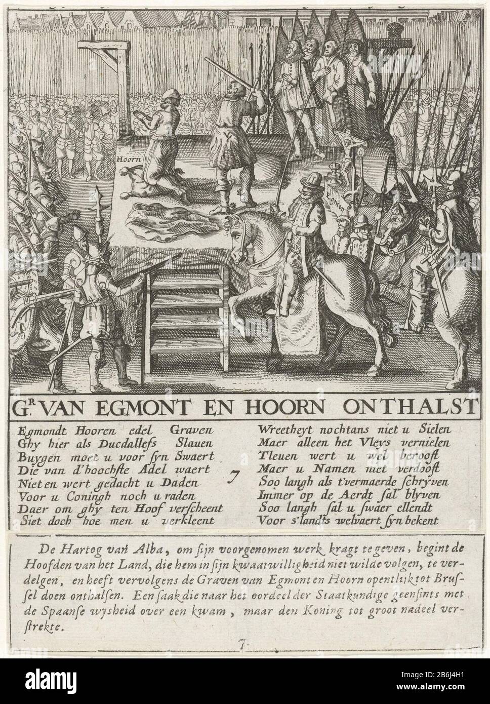 La décapitation d'Egmont et Horne en 1568 El Egmont et Horn onthalst la Spaensche Tiranye gheschiet aux Pays-Bas (titre de la série) les comptages sont sur un échafaudage, Egmont et Horne décapité, 5 juin 1568, Grand Place à Bruxelles. Sous la présentation de 16 nouvelles lignes dans les colonnes 2, ci-dessous, une description bloquée en 6 lignes, en langue néerlandaise. Numéroté 7. Fabricant : printmaker: Fabrication anonyme: Pays du Nord Pays-Bas Date: 1618 - 1624 Caractéristiques physiques: Matériel de gravure: Technique du papier: Gravure Dimensions: Feuille: H 175 mm × W 135 mmToelichtingillustratie an (inconnu) édition de Banque D'Images