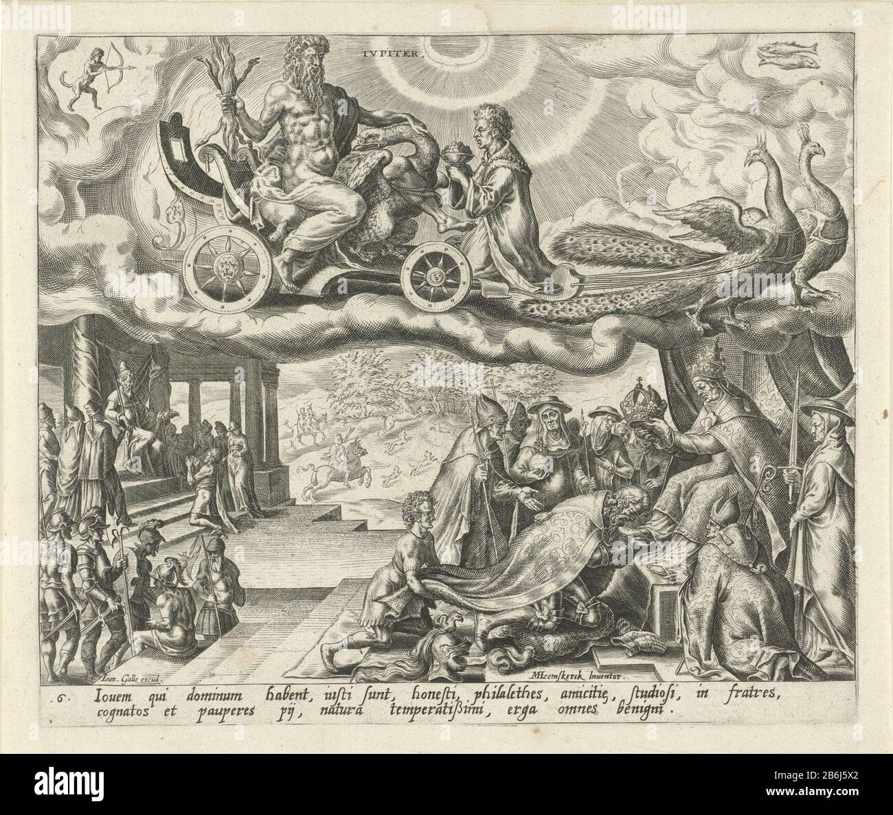 La planète Jupiter et ses enfants les sept planètes (titre de la série) Jupiter conduit son char dans le ciel, dessiné par deux paons. Les signes du Sagittaire et des poissons indiquent les personnes qui appartiennent à la sphère de Jupiter. Les personnes nées sous ce signe du zodiaque sont laïques ou ecclésiastiques. Un empereur est couronné par le Pape, qui est entouré de cardinaux et d'évêques. A laissé un juge sur son trône, chassé le fond. Bas dans le texte de marge en latin sur les enfants de Jupiter. Fabricant : printmaker: Harmen Jansz Muller à la conception: Maarten van Heemskerck (bâtiment classé) Editeur: Banque D'Images