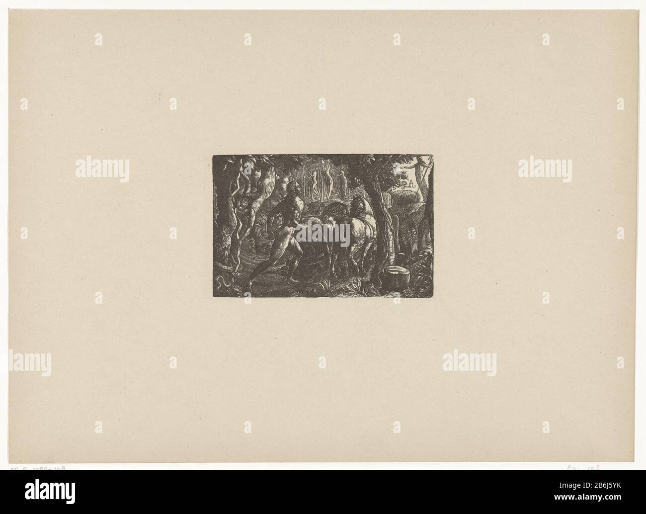 De ploeger Le plawman le chrétien labourant le dernier rang de la vie UN homme derrière une charrue tirée par deux chevaux sur un champ dans une zone boisée. Autour du tronc de l'arbre sur la gauche est un serpent. Sa tête est maintenue par un éclair, maintenu par une figure femelle. De retour dans la forêt sont trois figures féminines faisant de la musique droite est Christ le bon berger avec un troupeau de moutons. Une représentation du dicton du Christ Qui: Mettre sa main à la charrue et regarder en arrière n'est toujours pas digne pour le royaume de Dieu '(Luc 9:62), et la malédiction de Dieu de la bataille (Genèse 3: 14-15 ) . Fabricant : fabricant: Edward Banque D'Images