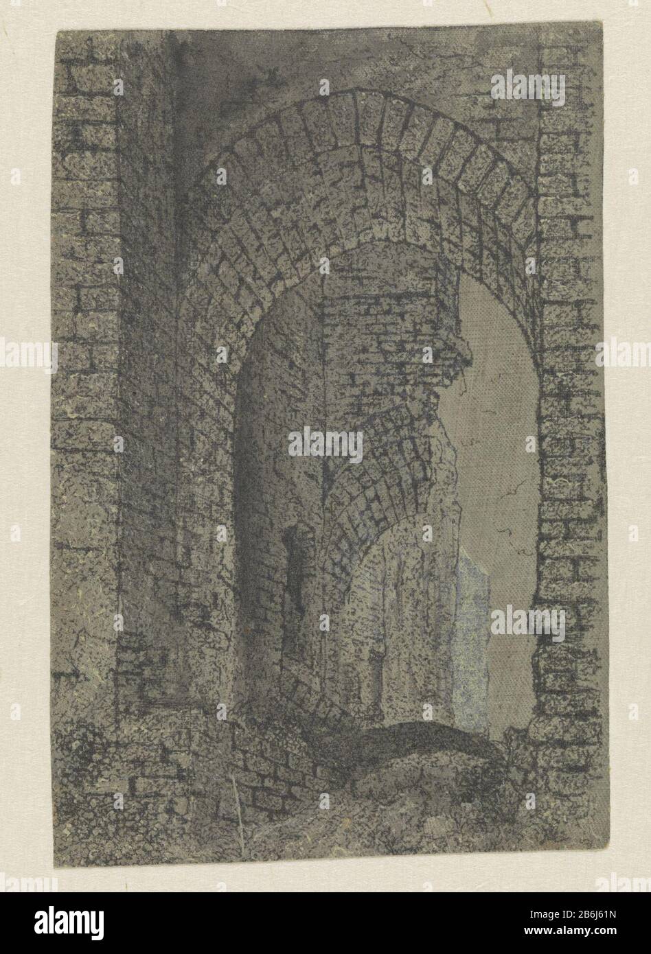 Découvrez À Travers la porte émiettée des ruines du château Brederode à Haarlem. Fabricant : printmaker Hercules Segers à sa propre conception: Hercules Segers Lieu de fabrication: Pays-Bas Date: CA. 1615 - ca. 1630 Caractéristiques physiques: Gravure de lignes, imprimé en noir sur toile apprêté avec un primaire gris laqué, accentué avec de la peinture à l'huile jaune-blanche, colorée avec de la peinture transparente gris clair et du matériau transparent gris foncé: Peinture de lin technique: Gravure / mesures de couleur à la main: Feuille: H 185 mm (autre côté 184 mm .; Découpe à l'intérieur de la surface imprimée) × W 123 mm (autre côté 121 mm .; découpe à l'intérieur Banque D'Images