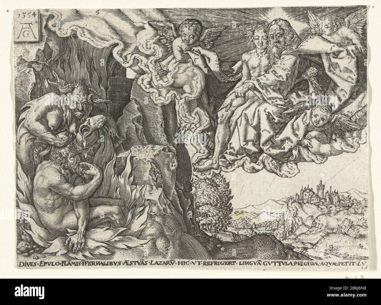 L'homme riche en enfer va voir Abraham et Lazarus parabole de Lazarus et l'homme riche (titre de série) L'homme riche en enfer va voir Abraham et Lazarus parabole de Lazarus et l'homme riche (titre de série) Type de propriété: Imprimer Numéro de série: 5 / 5Objectnummer: RP-P-OB-2663Catalogusentie: New Holllstein Allemand (Aldégraver) 48 -copyThe Illustré Bartsch 48Opmerking: Copie description: Le riche homme assis dans les flammes de l'enfer, pointant vers sa bouche et demande de l'eau, un diable tire ses cheveux et de l'eau de tomber d'un pichet. Au ciel dans un nuage Abraham avec Lazarus et trois anges. Parmi les pré Banque D'Images