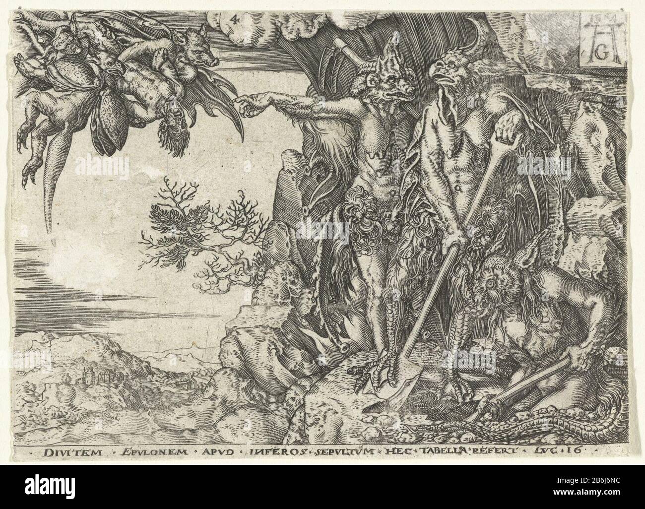 L'homme riche a passé des diables à La Parabole de l'enfer de Lazarus et l'homme riche (titre de série) trois diables se tiennent à l'entrée de l'enfer dans un rocher, trois autres volent dans l'homme riche. Parmi le texte de la présentation : Divitem epulonem apud inferos sepultum HEC tabella refert Luc 16. Quatrième photo d'une série de cinq kopieën. Fabricant : printmaker: Anonyme pour imprimer par Heinrich Aldégraissant (propriété cotée) Lieu de fabrication: Allemagne Date: 1554 - 1610 Caractéristiques physiques : matière de prise: Technique du papier: Engraa (impression) mesures: Feuille: H 81 mm × W 110 mmTohtelieliginKopie dans la même direction Banque D'Images