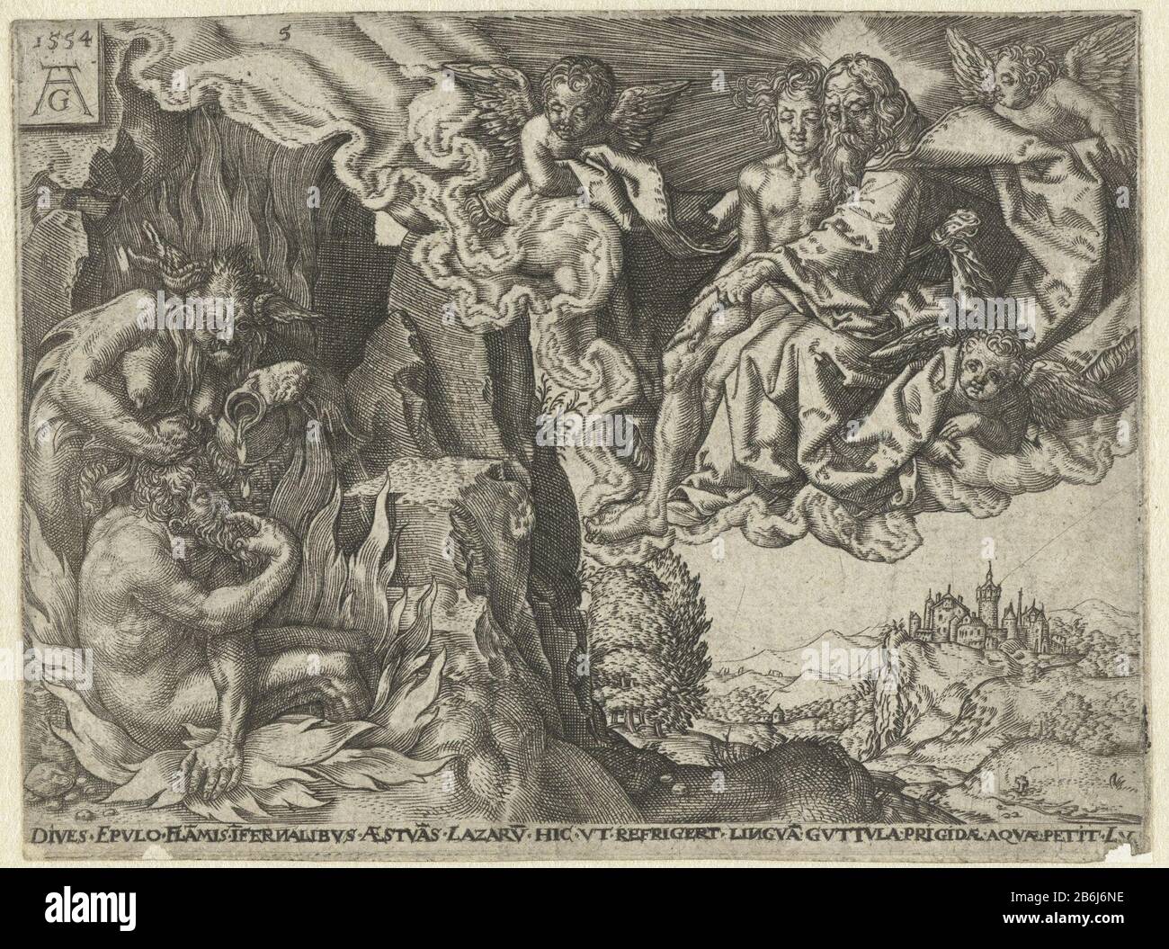 L'homme riche en enfer va voir Abraham et Lazarus parabole de Lazarus et l'homme riche (titre de série) l'homme riche assis dans les flammes de l'enfer, pointant vers sa bouche et demande de l'eau, un diable tire ses cheveux et goutte d'eau d'un pichet. Au ciel dans un nuage Abraham avec Lazarus et trois anges. Parmi le texte de présentation: Plongées Epulo fla fausse ifernalibus aestuas lazaru (s) hic ut réfrigérer lingua guttula frigidae aquae petit lu 16. Cinquième impression d'une série de cinq kopieën. Fabricant : printmaker: Anonyme à imprimer par Heinrich Aldégraissant (objet coté ) Lieu de fabrication: Allemagne D Banque D'Images