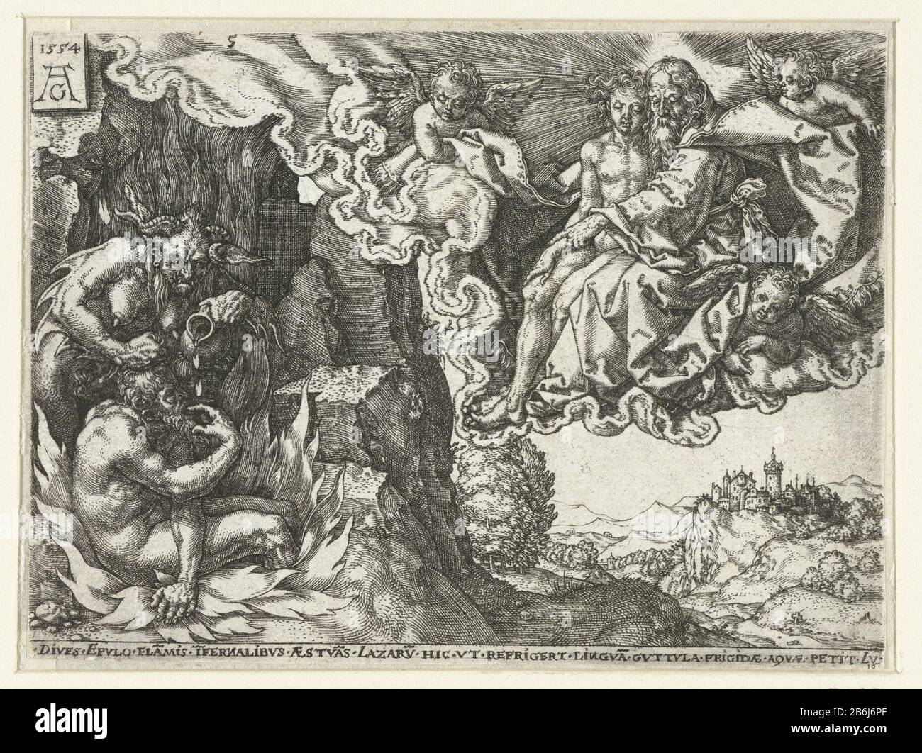 L'homme riche en enfer va voir Abraham et Lazarus parabole de Lazarus et l'homme riche (titre de série) l'homme riche assis dans les flammes de l'enfer, pointant vers sa bouche et demande de l'eau, un diable tire ses cheveux et goutte d'eau d'un pichet. Au ciel dans un nuage Abraham avec Lazarus et trois anges. Parmi le texte de présentation: Plongées Epulo fla fausse ifernalibus aestuas lazaru (s) hic ut réfrigérer lingua guttula frigidae aquae petit lu 16. Cinquième impression une série de vijf. Fabricant : printmaker Heinrich Aldégraissant (bâtiment classé) dans son projet : Heinrich AldégraverPlaats fabrication: Allemagne D Banque D'Images