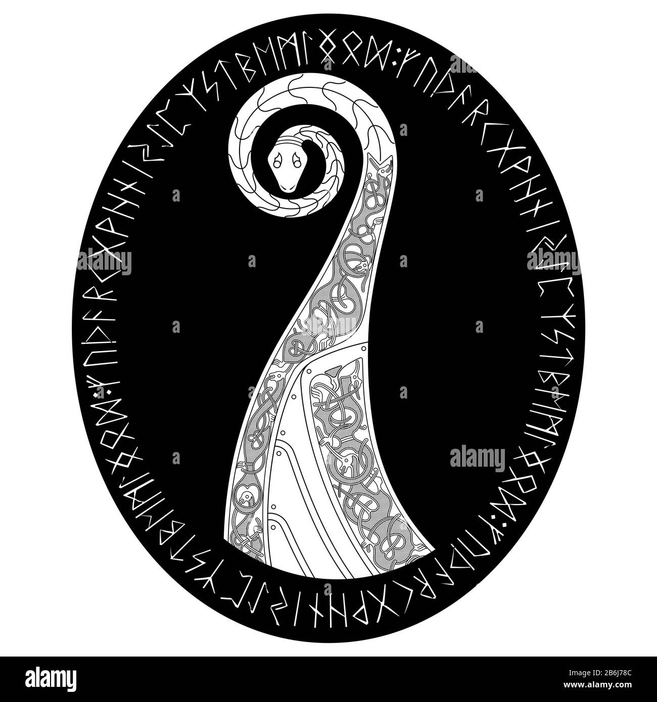 Design scandinave. Le personnage nasal du bateau viking Drakkar sous forme de dragon, et le motif scandinave torsadé Illustration de Vecteur