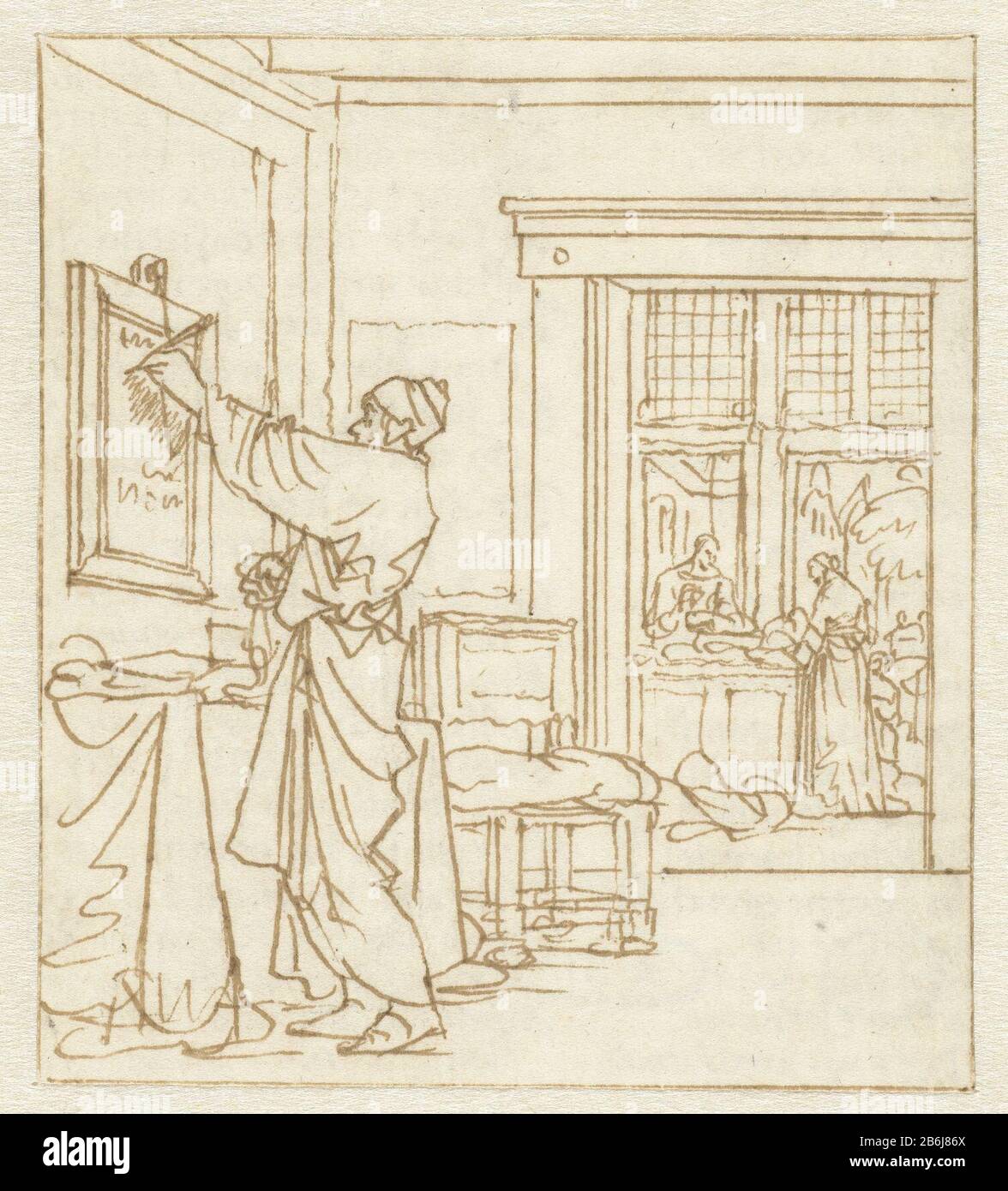 Le schrijflei Concevoir des illustrations pour Les appareils familiers (titre de la série) projet de prent. Fabricant : artiste: Jan Luyken Date: 1709 - 1711 Caractéristiques physiques : stylo en matière marron: Encre papier technique: Stylo Dimensions: H 95 mm × b 84 mm Objet: Matériel à écrire, outils d'écriture de surface écriture manuelle, activité de l'arbre d'écriture Banque D'Images