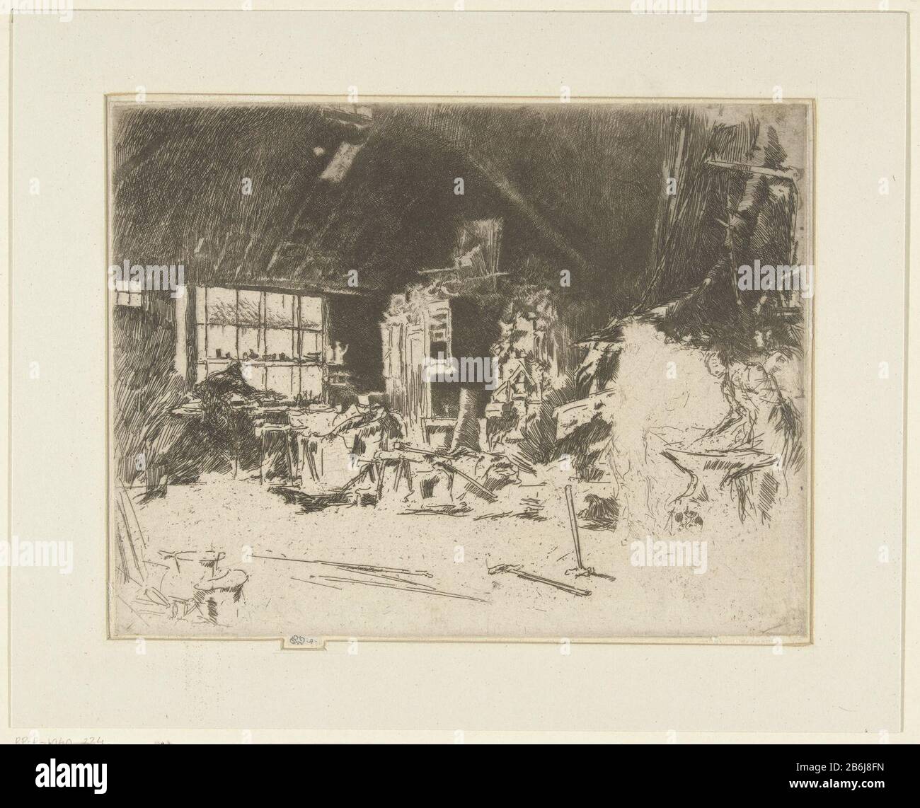 De smidse L'intérieur Smithy d'un smithy. À droite, un homme travaillant sur un aambeeld. Fabricant : printemaker James Abbott McNeill Whistler (édifice classé) dans son dessin: James Abbott McNeill Sifflerdrukker: James Abbott McNeill Whistler (édifice classé) Date: 1879 - 1883 Caractéristiques physiques: Gravure et point sec matériel: Papier technique: Gravure / mesure de point sec: Feuille: H 176 mm (signature coupée non calculée dans la marge) b × 227 mm Objet : Smith, forgeron Banque D'Images