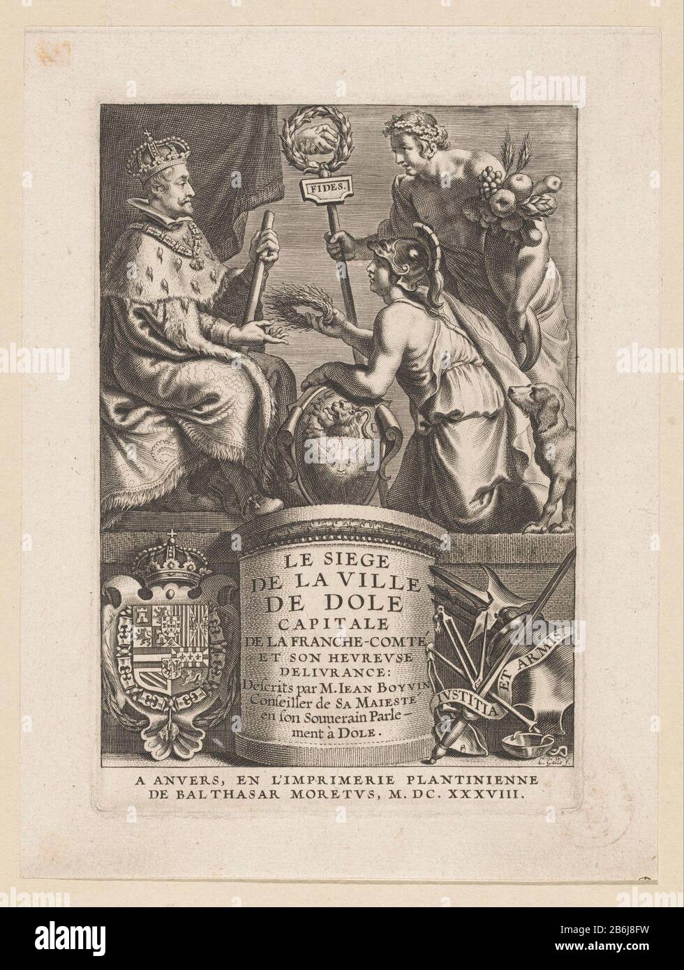 La ville de Dole Philippe IV présente une page de titre de couronne pour J BOYVIN, le siège de la ville de Dole, Anvers 1638 la personnification de la ville de Dole, une femme pétrieuse aux bras de la ville, Philip IV présente une couronne d'oreilles de maïs. Philippe IV reçoit la couronne, il siège sur un trône avec un bâton dans sa main. Derrière la ville de Dole, un jeune homme qui symbolise la récupération de la ville après le siège. Sous les bras de la Maison des Habsbourg et à droite la devise de la ville Dole: Iustitia et arms. Fabricant : printmaker Cornelis Galle (I) (bâtiment classé) pour le dessin Erasmus Quellinus (II) Banque D'Images