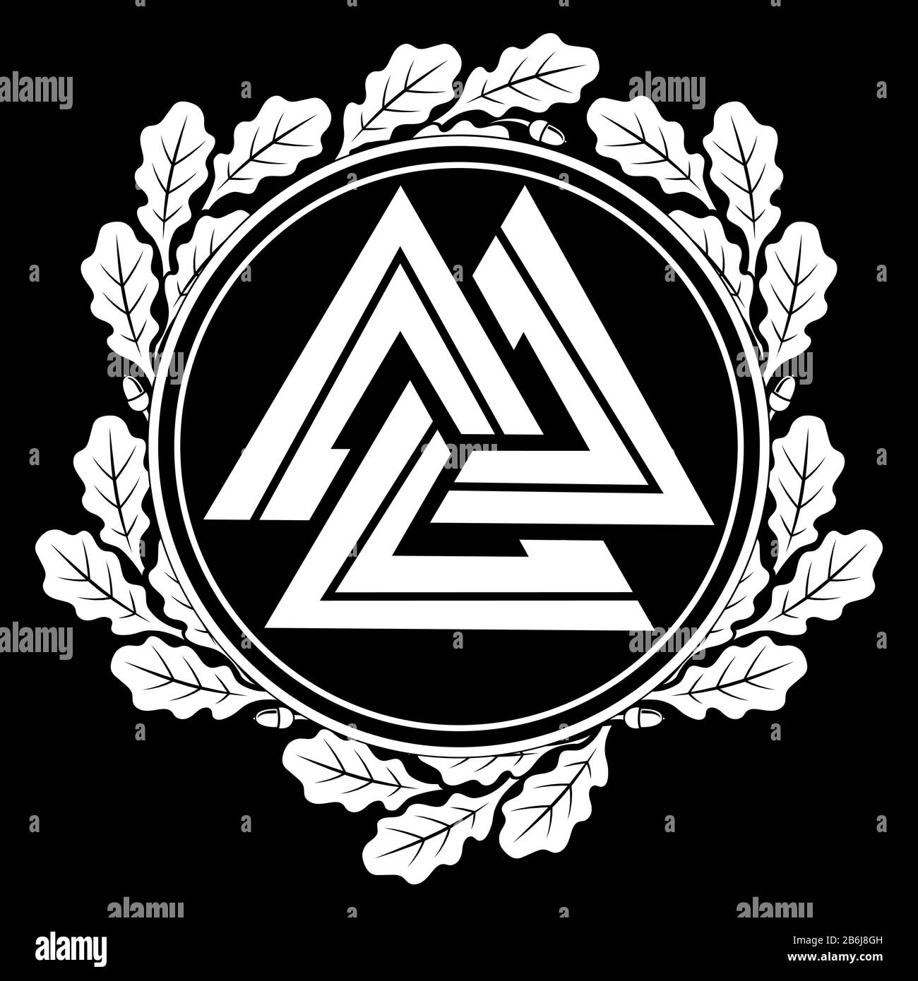 Valknut ancien symbole païen germanique nordique et feuilles de chêne Illustration de Vecteur