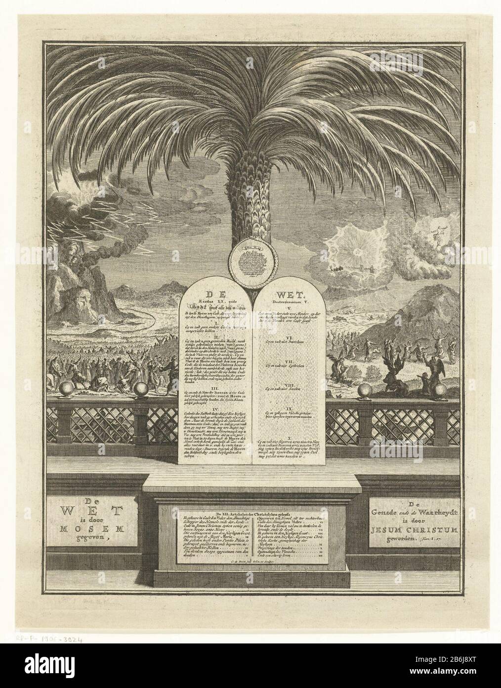 Les tableaux de la loi Au milieu de deux comprimés de pierre avec les dix Commandements penchant sur un palmier. En arrière-plan, vous pouvez voir comment le mont Sinaï a été recouvert de nuages et de foudre. Dieu parle au peuple d'Israël qui est au pied de la montagne verzamelt. Fabricant : printmaker: Gerrit de Broen (II) (bâtiment classé) dans le dessin: Gerrit de Broen (II) (bâtiment classé) Fabrication De Lieux: Amsterdam En Date du: CA. 1720 - ca. 1774 Caractéristiques physiques: Gravure et engrame: Technique du papier: Gravure / engrasa (impression) mesures: Bord de la plaque: H 353 mm × W 273 mm Subj Banque D'Images