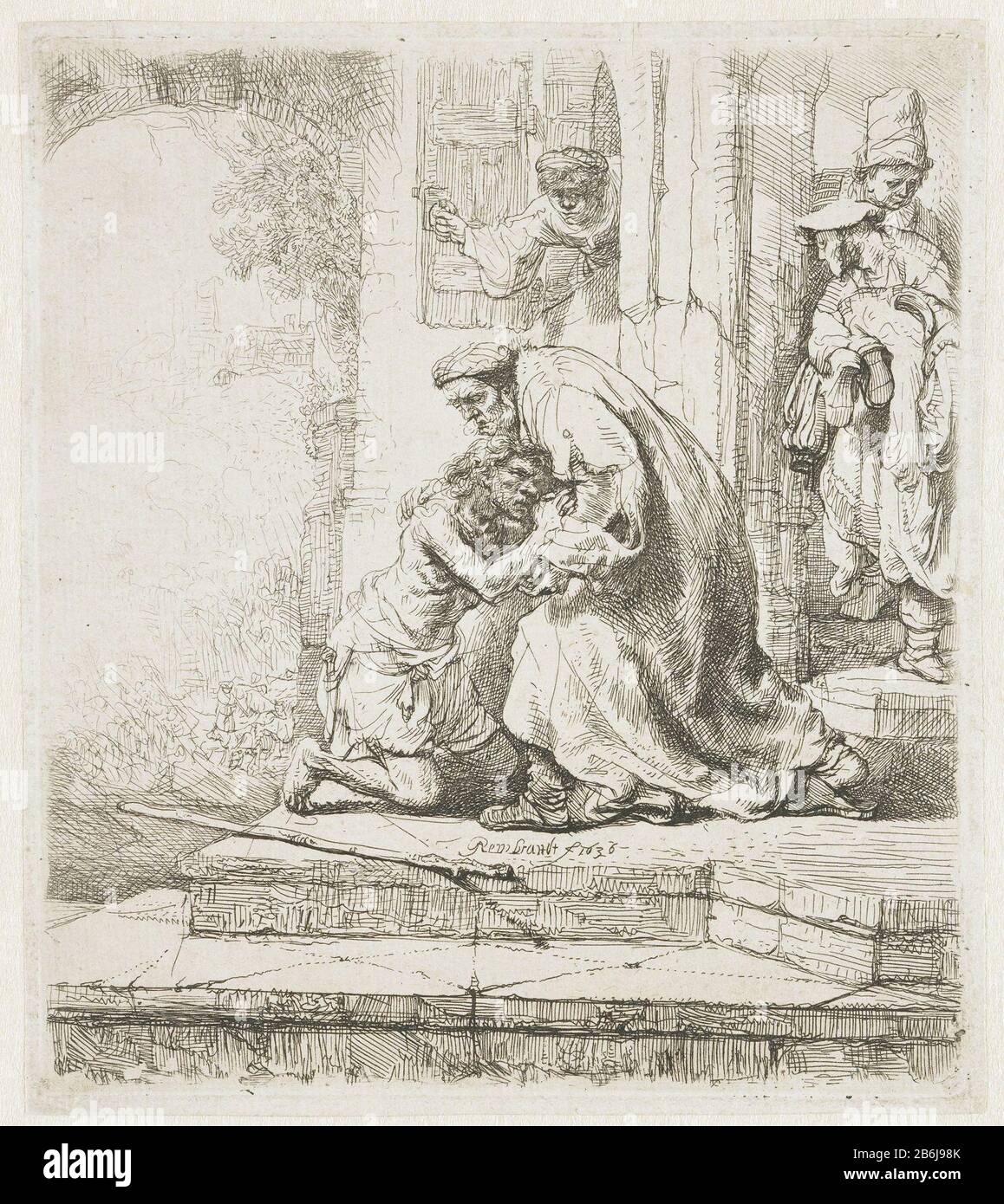 Le retour du fils prodigue le retour du fils prodigal: Il s'agenouille devant son père sur les marches de sa maison. Dans la porte ouvrant deux figures, dans un troisième regard hors du venster. Fabricant : Print maker: Rembrandt van Rijn (indiqué sur l'objet) à sa propre conception de Rembrandt van Rijn Date: 1636 Caractéristiques physiques: Matériel de gravure: Technique du papier: Dimensions de gravure: H 155 mm × W 136 mm Objet: La parabole du fils prodigue (Luc 15: 11-32) Banque D'Images