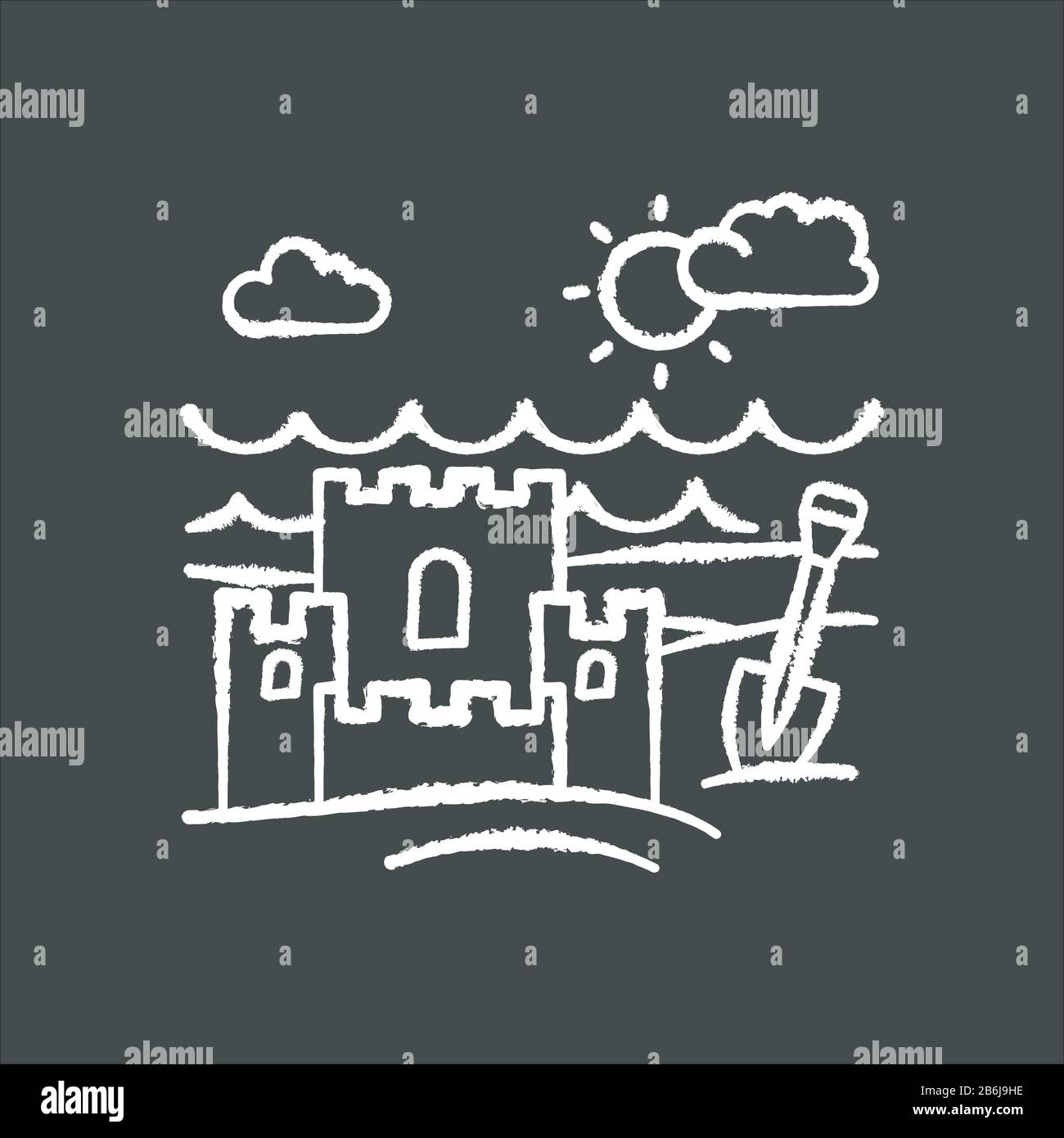 Icône blanche craie Ocean Beach sur fond noir. Rive marine. Château de sable. Vacances en famille maritime. Voyage dans un pays exotique. Vecteur isolé Illustration de Vecteur