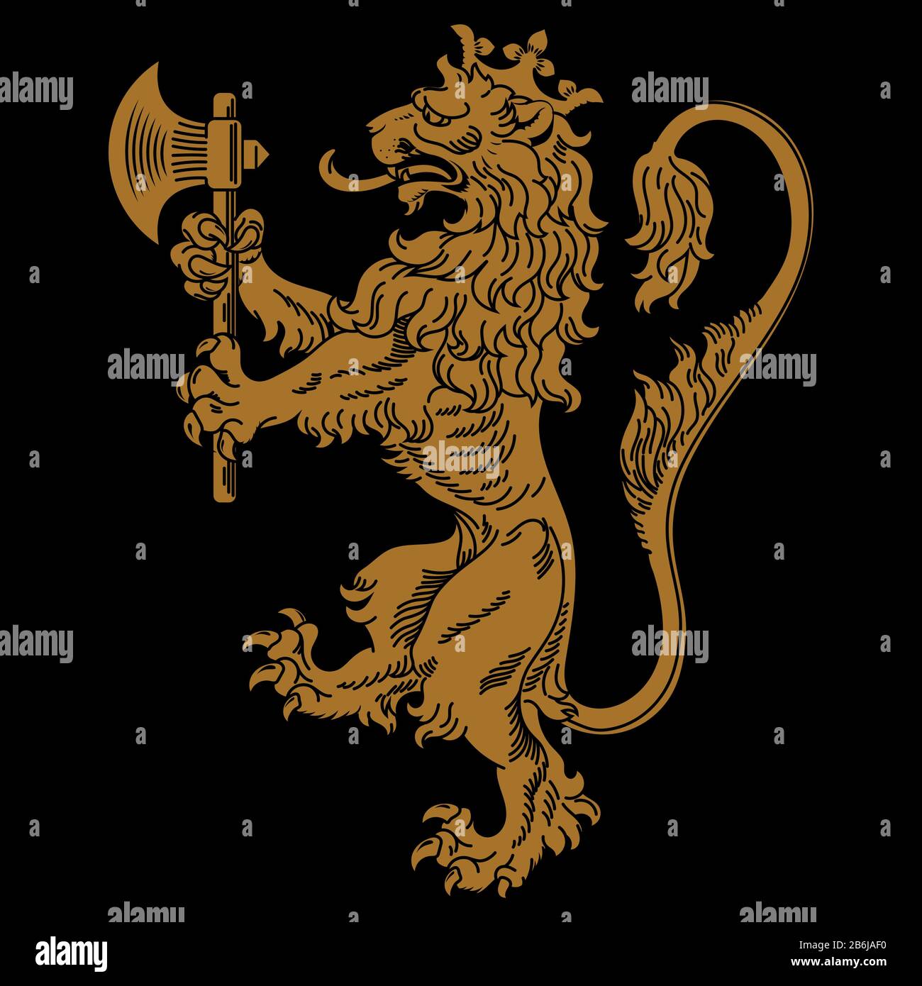Un manteau héraldique médiéval d'armes, lion héraldique, silhouette de lion héraldique, lion couronné tenant une hache dans ses pattes avant Illustration de Vecteur