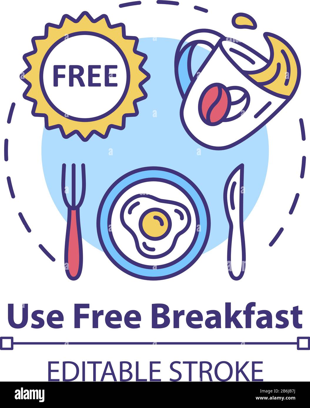 Utilisez l'icône du concept de petit déjeuner gratuit. Budget de voyage, illustration de ligne mince idée de nutrition rentable. Repas du matin sur la maison. Vecteur isolé Illustration de Vecteur