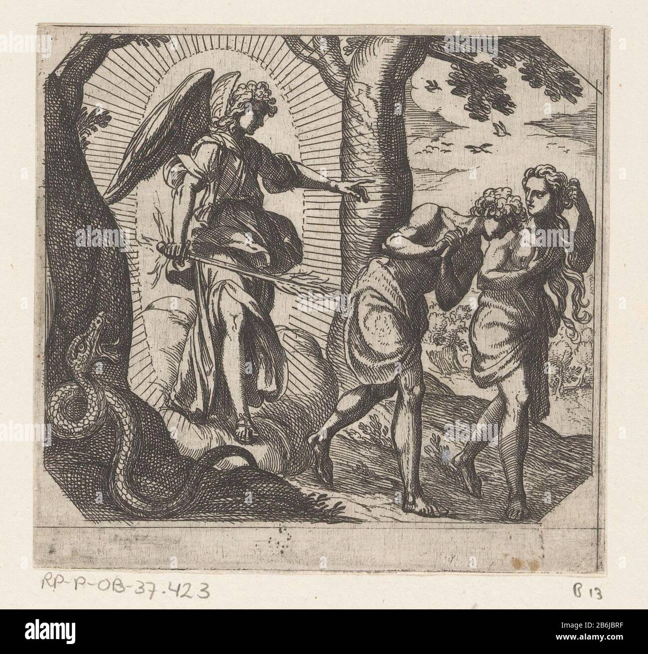 L'Expulsion du Paradis La Création (titre de la série) un ange avec un lourd flamboyant expulse Adam et Eve du paradis. Adam et Eve cachent leur naakapartheid. Fabricant : printmaker Antonio Tempesta à concevoir: Rafael À imprimer par: Nicolaes de Bruyn à concevoir: Maerten la fabrication de VosPlaats: Printmaker Rome à concevoir: Vatican Date: 1565 - 1630 Caractéristiques physiques: Matière de gravure: Technique du papier: Gravure Dimensions : feuille: H 110 mm (bord de la plaque de coupe interne.) b × 126 mm (bord de la plaque de coupe interne.) Remarques Cette impression fait partie d'une série de douze impressions de création. Les impressions sont en partie sur les des Banque D'Images