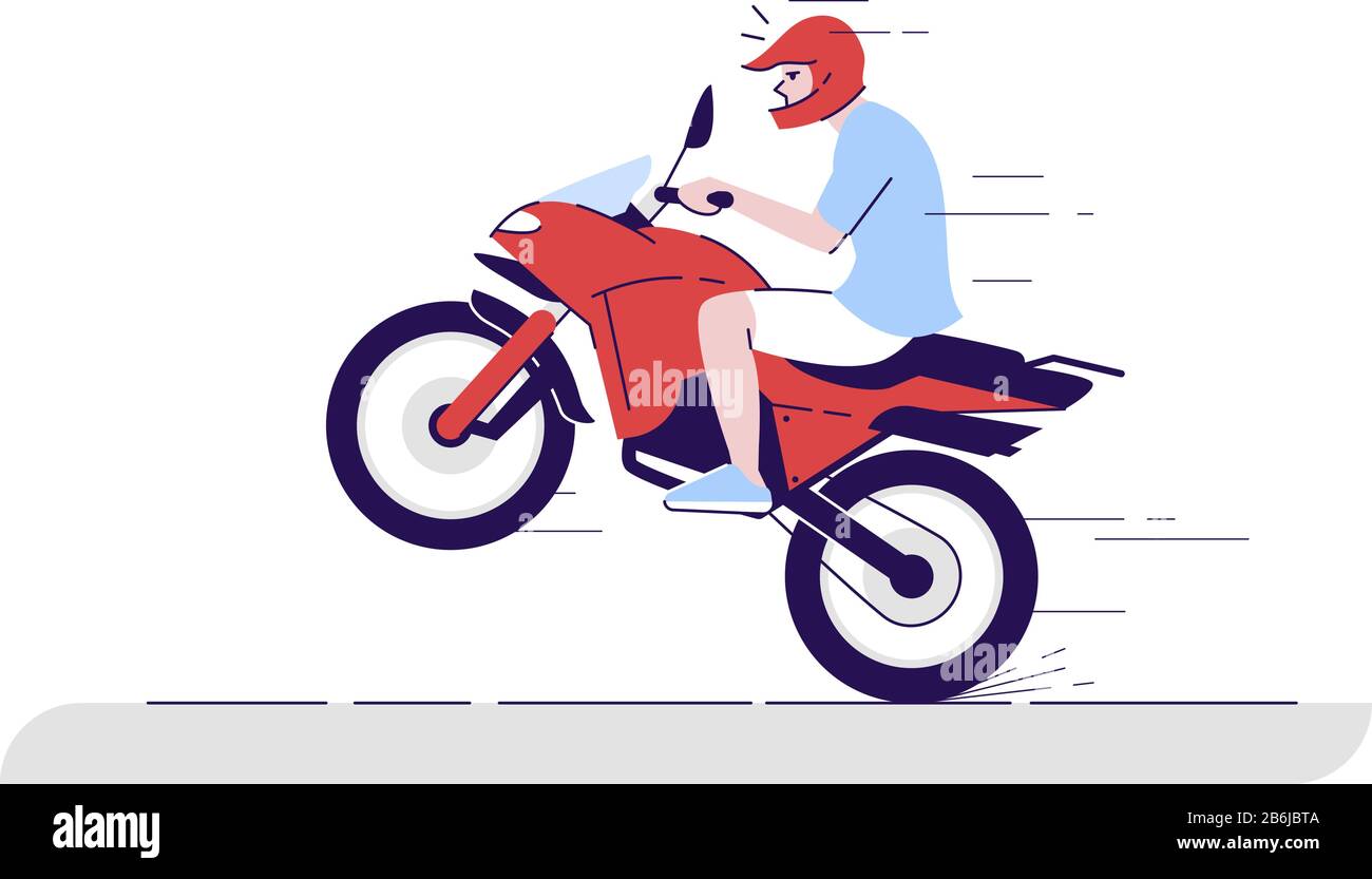 Homme sur moto dessin de doodle plat. Conduite à vélo extrême. Moyens de transport locaux. Guy faisant motobike stunt. Indonésie tourisme 2 D dessin animé Illustration de Vecteur