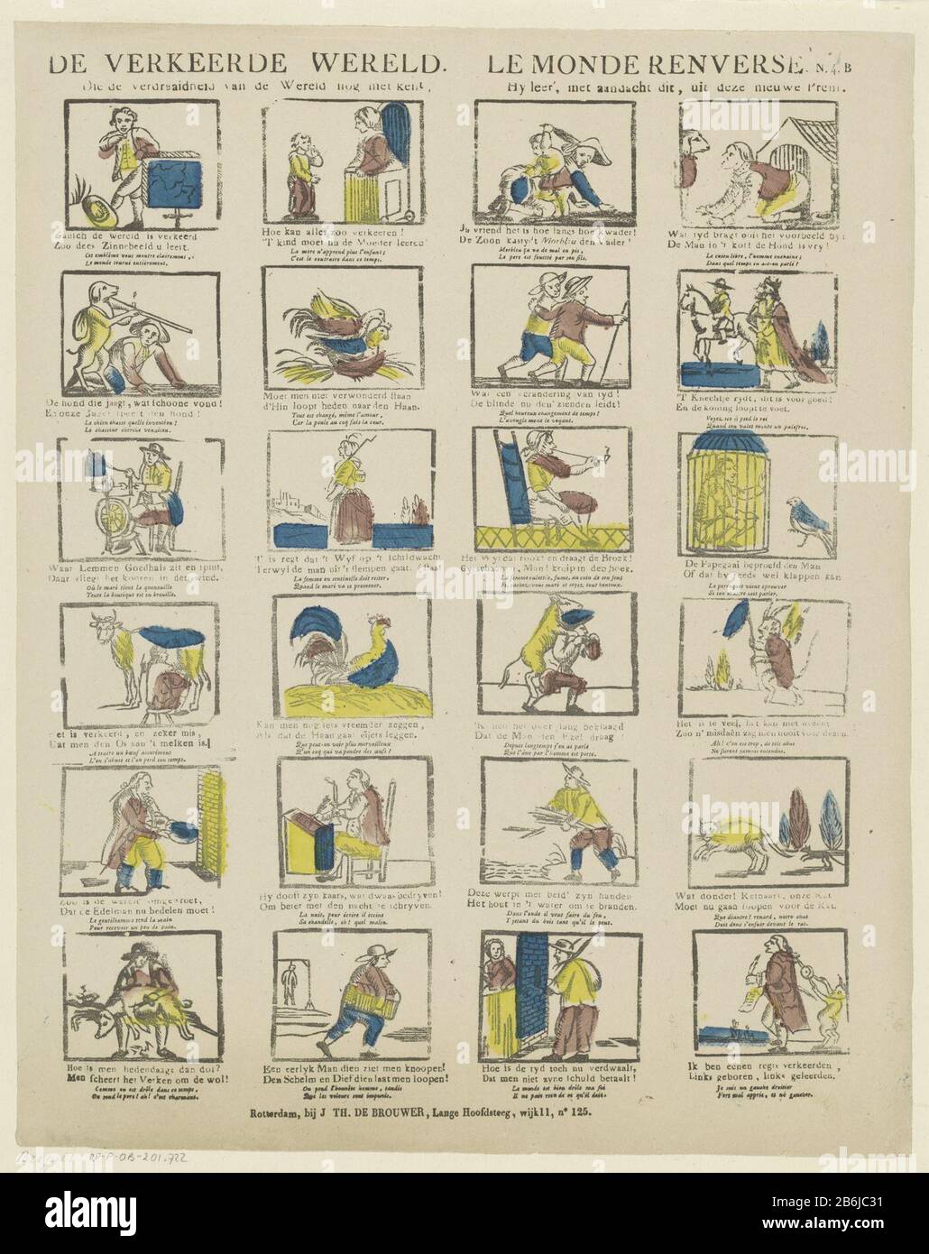 Feuille avec 24 performances sur le mauvais monde, Où: Entre autres animaux se comportent comme des humains. Sous chaque montre un verset à deux lignes en néerlandais et en français. Numéroté à droite: N. 4. B. Fabricant : Vendeur : J.Th. Brasseur (bâtiment classé) éditeur: Philippus Jacobus Brepols (bâtiment classé) printmaker: Anonyme place Fabrication: Vendeur: Rotterdam Editeur: Turnhout Dating: 1800 - 1833 Caractéristiques physiques: Bois de couleur rouge, bleu et jaune; matériel d'impression de texte: Papier technique: Coupe / couleurs / formats d'impression: Feuille: H 412 mm × W 328 mmToelichtingUitlave du no 4 dans la liste du fonds P.J.. BR Banque D'Images