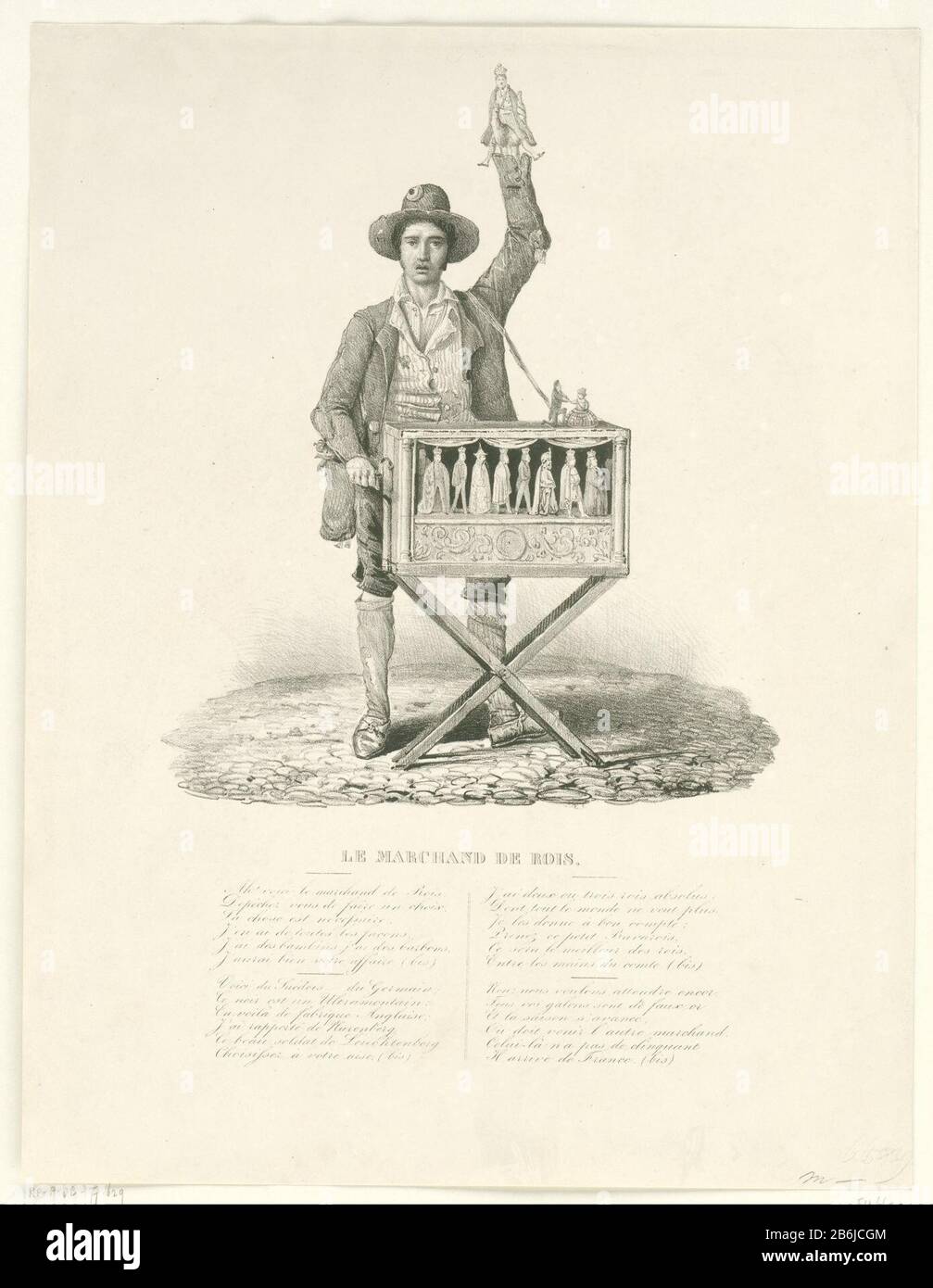 Le vendeur de rois, 1831 le marchand de Rois (titre objet) Cartoon sur les négociations sur le choix d'un roi belge, février 1831. Un maskramer avec orgue de tonneau et huit princes vêtus de poupées. L'organiste tient un petit roi dans sa main. Avec une chanson française en quatre doubletten. Fabricant : printmaker: Fabrication anonyme: Belgique Date: 1831 Caractéristiques physiques: Lithographie matériau: Papier technique: Lithographie (technique) Dimensions: Feuille: H 369 mm × W 282 mm Objet: Street-organ, 'pierement - CC - hors de la porte une personne jouant un instrument - CC - hors choix par ki Banque D'Images