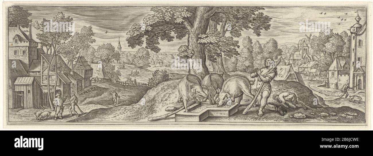 Le fils prodigal comme Parabole du fils prodigal (titre de la série) le fils prodigal est pauvre et doit maintenant travailler comme un troupeau de swineherds. Il a à peine des vêtements et prie à Dieu. En arrière-plan, il supplie les agriculteurs locaux. L'impression fait partie d'une série de quatre parties sur la parabole du zoon prodigal. Fabricant : printmaker Julius Goltzius à concevoir: Hans Bolprentmaker: Claes Jansz. Visscher (II) Lieu de fabrication: Printmaker: Anvers Imprimer auteur: Amsterdam Date: 1560 - 1595 Caractéristiques physiques: Matériel automobile: Technique du papier: Engrala (impression) Dimensions: Feuille b 223 mm × H 78 mm Objet: le prodi Banque D'Images
