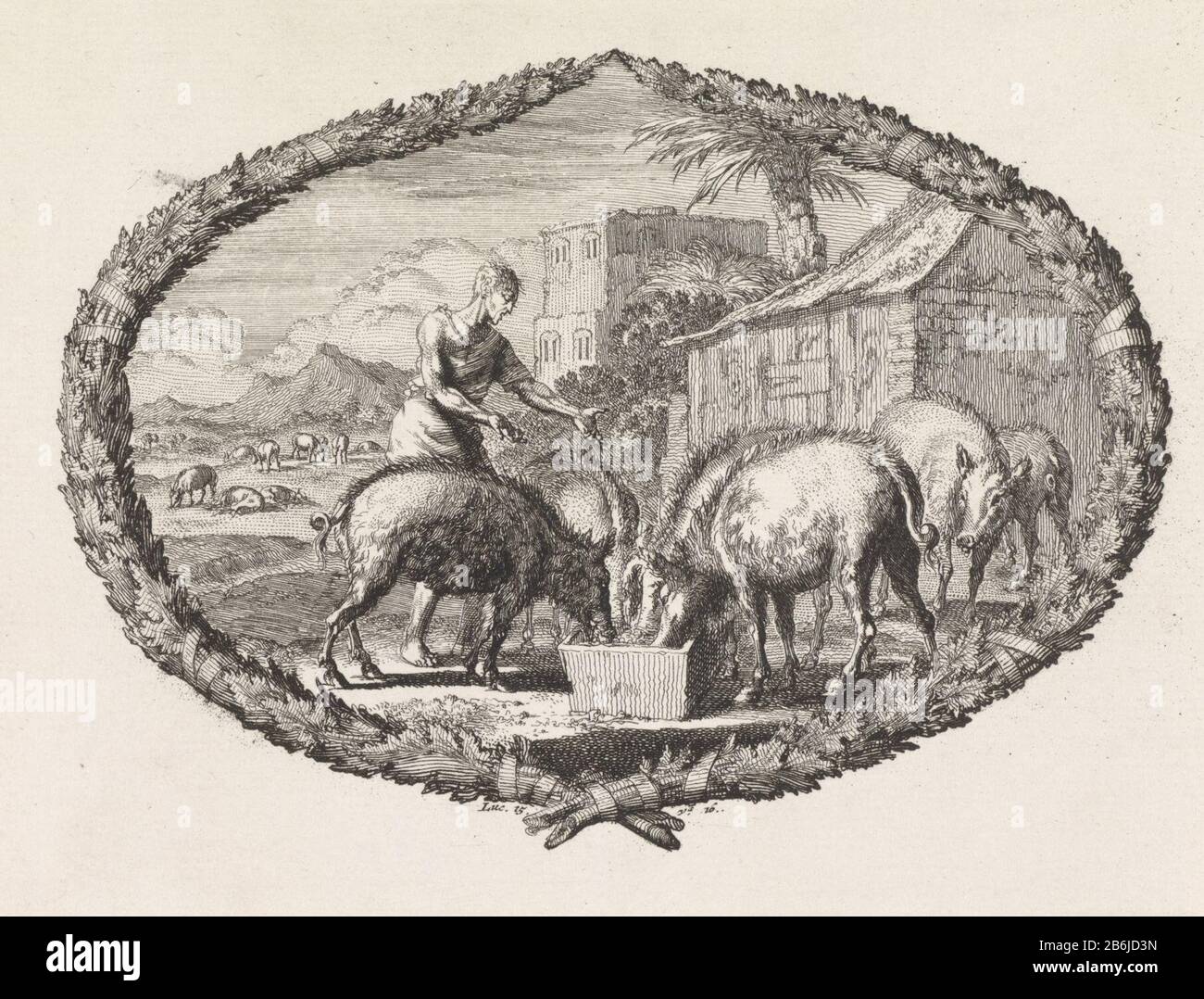 Le fils prodigal, en tant que troupeau de dineherds, est un spectacle dans une cartouche de branches de palmiers. Le fils prodigue est épuisé et un troupeau d'essaims. Autour d'un auge de différents cochons. Parmi les cartouche la Bible référence Luc. 15: 16. Fabricant : printmaker Jan Luyken Editeur: Pieter Mortier (I) Lieu de fabrication: Amsterdam Date: 1700 Caractéristiques physiques: Matière de gravure: Technique du papier: Gravure Dimensions: Feuille: H 114 mm × W 148 mmToelichting Banque D'Images