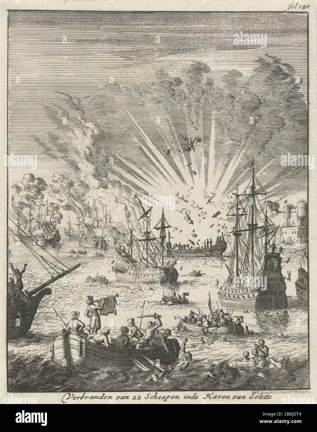 La surprise de trois galléons portugais dans la baie de Goa, 30 septembre 1639 Burning de 22 Scheepen indene Harbour Golette (titre objet) Imprimer droit étiqueté: FOL. 190. Fabricant : printmaker Jan Luyken (bâtiment classé) dans son dessin: Jan Luyken (bâtiment classé) éditeur: Jan Claesz ten Hoor Lieu de fabrication: Amsterdam Date: 1684 Caractéristiques physiques: Gravure technique: Gravure Dimensions: Feuille: H 174 mm b × 137 mmToeliechtingeatie: Alors, Pierre. Histoire de Barbaryen, et même de robbers de mer, deux parties. Amsterdam: Jan Claesz À Hoorn, 1684. Objet: Bataille (+ sai Banque D'Images