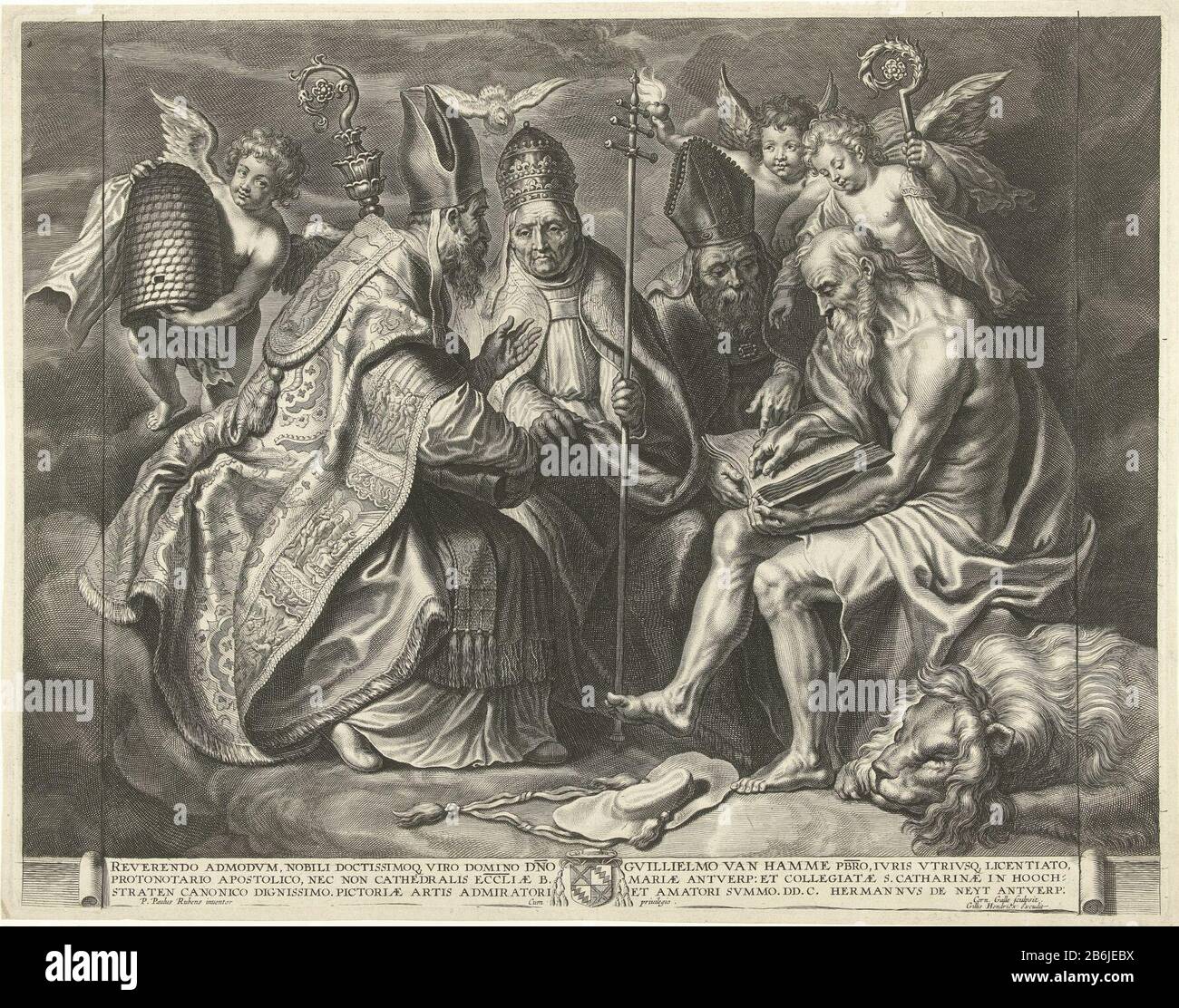 Les quatre pères de l'église quatre pères latins sont dans le ciel ensemble et discutent de la Bible. Jérôme droit avec le lion. Augustine à côté du coeur brûlant, au centre gauche et à l'extrême gauche le Pape Gregory Ambrose, reconnaissable par son attribut le bijenkorf. Fabricant : printmaker Cornelis Galle (I) (bâtiment classé), conçu par Peter Paul Rubens (objet inscrit) éditeur: Gilles Hendricx (bâtiment inscrit) dédié à Willem van Hamme (bâtiment inscrit) commandé par: Herman de Neyt (propriété cotée) fournisseur de privilèges inconnu (propriété cotée) Lieu de fabrication: Anvers Date: CA. 1630 - env. 1642 Phys Banque D'Images