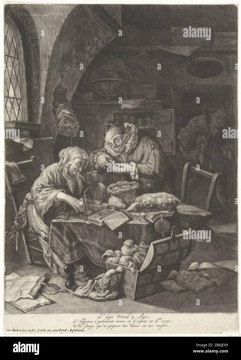Dans un départ est a une étoile de pesage d'or sur une table, à côté d'elle un argent d'homme. Dans la région se trouvent des poches d'or et d'argent, du papier et des enveloppes avec des timbres. Dans la porte, un homme avec trois sacs sous ses bras. L'impression fait partie d'une série de quatre tirages sur l'âge des hommes. Fabricant : printmaker Cornelis Dusart (bâtiment classé) Editeur: Jacob Gole (propriété cotée) Lieu de fabrication: Printmaker: Haarlem Editeur: Amsterdam Date: 1680 - 1704 Caractéristiques physiques : mezzotint et engraa matériau: Papier technique: Mezzotint / engraa (processus d'impression) mesures: Bord: H 253 mm × W. Banque D'Images