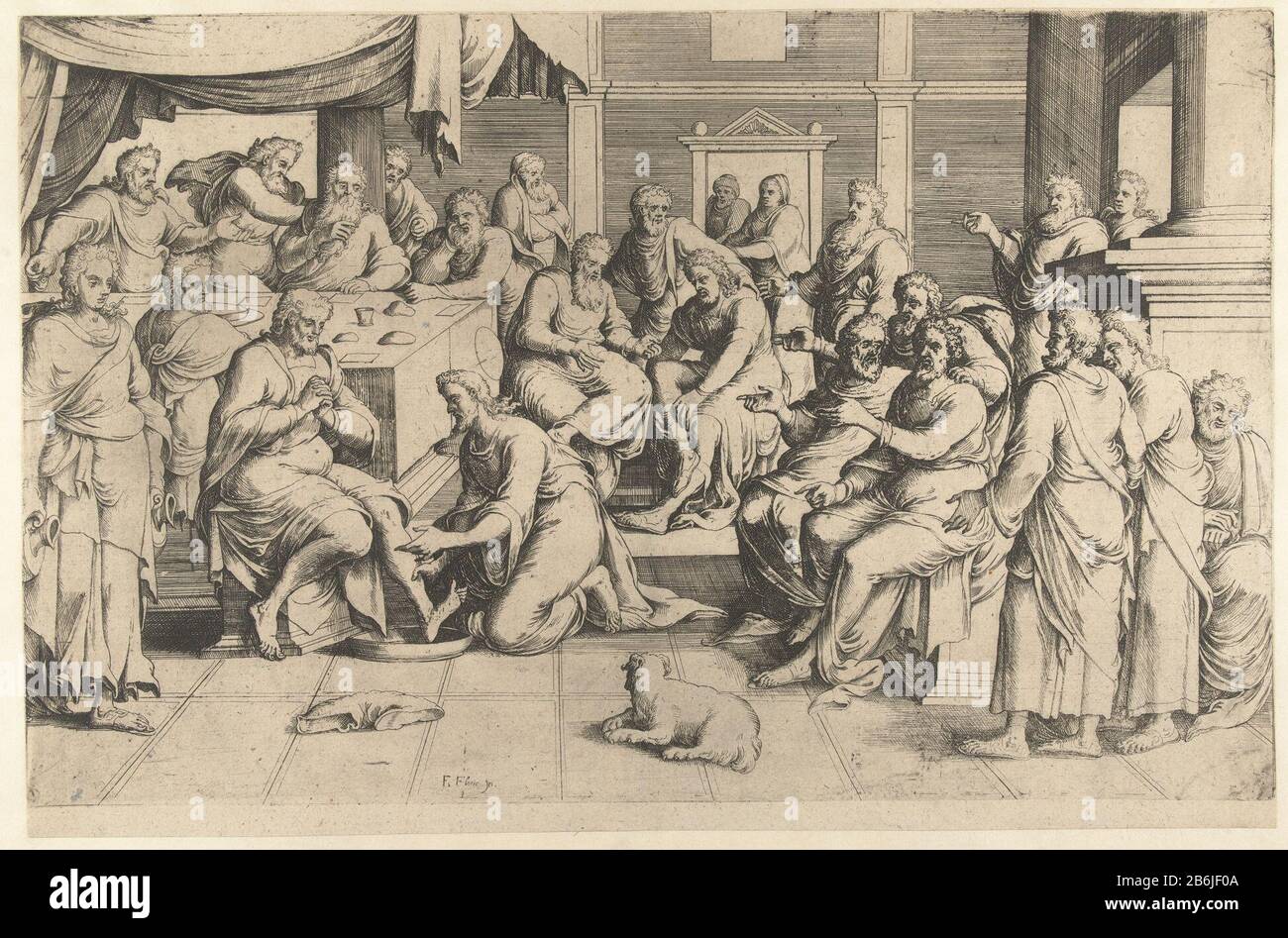 Le lavage des pieds de Pierre Le disciple Pierre lave les pieds de Christus. Fabricant : printmaker: Frans Floris (I) (possible) printmaker: Crispin van den Broeck (rejet de l'attribution) à la conception: Frans Floris (I) (bâtiment répertorié) Date: 1534 - 1570 Caractéristiques physiques: Gravure et engraflage matériel: Technique du papier: Gravure / engraflage (impression) Dimensions: Feuille: H 320 mm × W 485 mm Objet: Christ lave les pieds et les droite de Pierre Banque D'Images