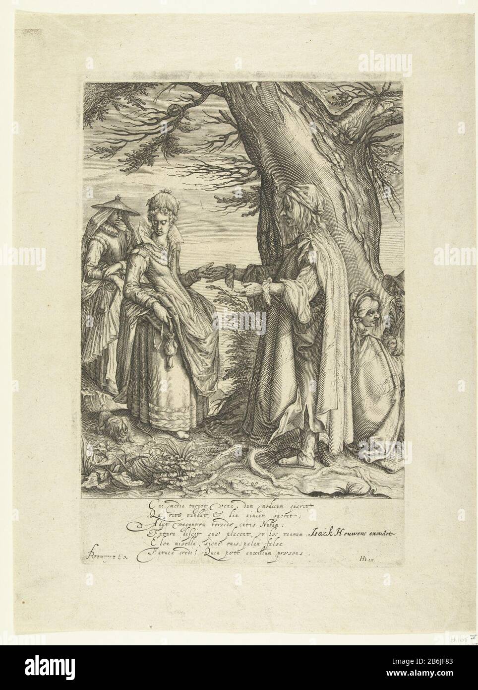 Le caissier de fortune Le Où: Zegster Type d'objet : photo Numéro d'article: RP-P-OB-9924Catalogusorreferentie: New Holllstein Dutch 154-3 (3) Description: La femme ROM nommée Nuba représente un grand arbre devant une jeune femme élégante - elle lit sa main et / ou prend une pièce de son. Derrière la jeune femme une femme avec un chapeau sur, à côté de son petit chien. Roma assis à droite deux, un avec un bébé dans ses bras. Dans zesregelige latin caption jeune dame est dépeint comme un gullible wretch qui seulement entendre l'avenir qu'ils aiment hoort. Fabricant : Printmaker: Andries Jacobsz. Stock (possible) conçu par Banque D'Images
