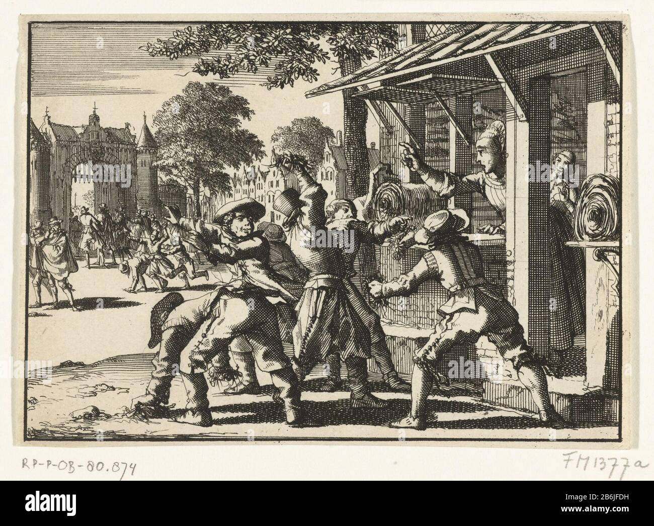 Les boutiques des contremonstruts Schoonhoven sont attaquées et jetées de la saleté, 1617 à Schoonhoven, les magasins contre les remontrants qui sortent de la ville à l'église attaquées par les garçons et la saleté, 1617. En arrière-plan gauche contre les remontrants à travers la porte de la ville, au premier plan se trouve un magasin de tissus ouverts avec des ébarbage par des jeunes péchés avec des ordures de rue. Cette performance interprétée par Muller (à tort) comme l'arrestation du prédicateur arminien D. Sapma et Riot Hoorn, 10 mars 1619. Fabricant : printmaker Jan Luyken À son propre design: Jan Luyken Lieu de fabrication: Northern Netherlands Da Banque D'Images