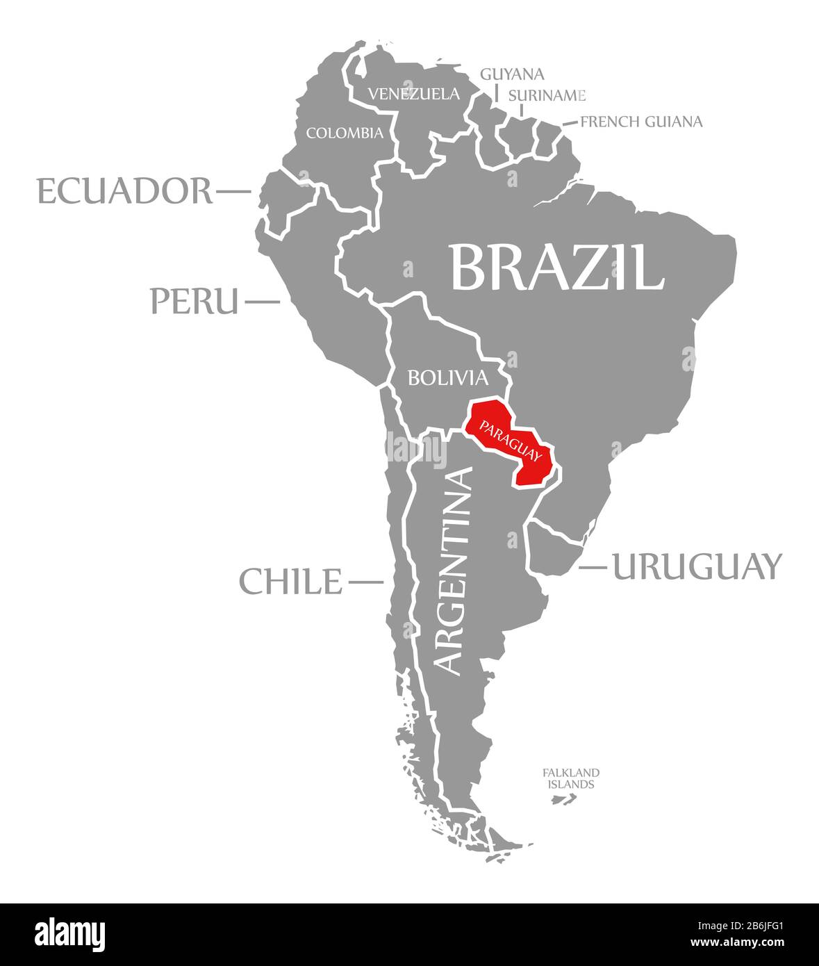 Le Paraguay a rouge mis en évidence dans la carte du continent de l'Amérique du Sud Banque D'Images