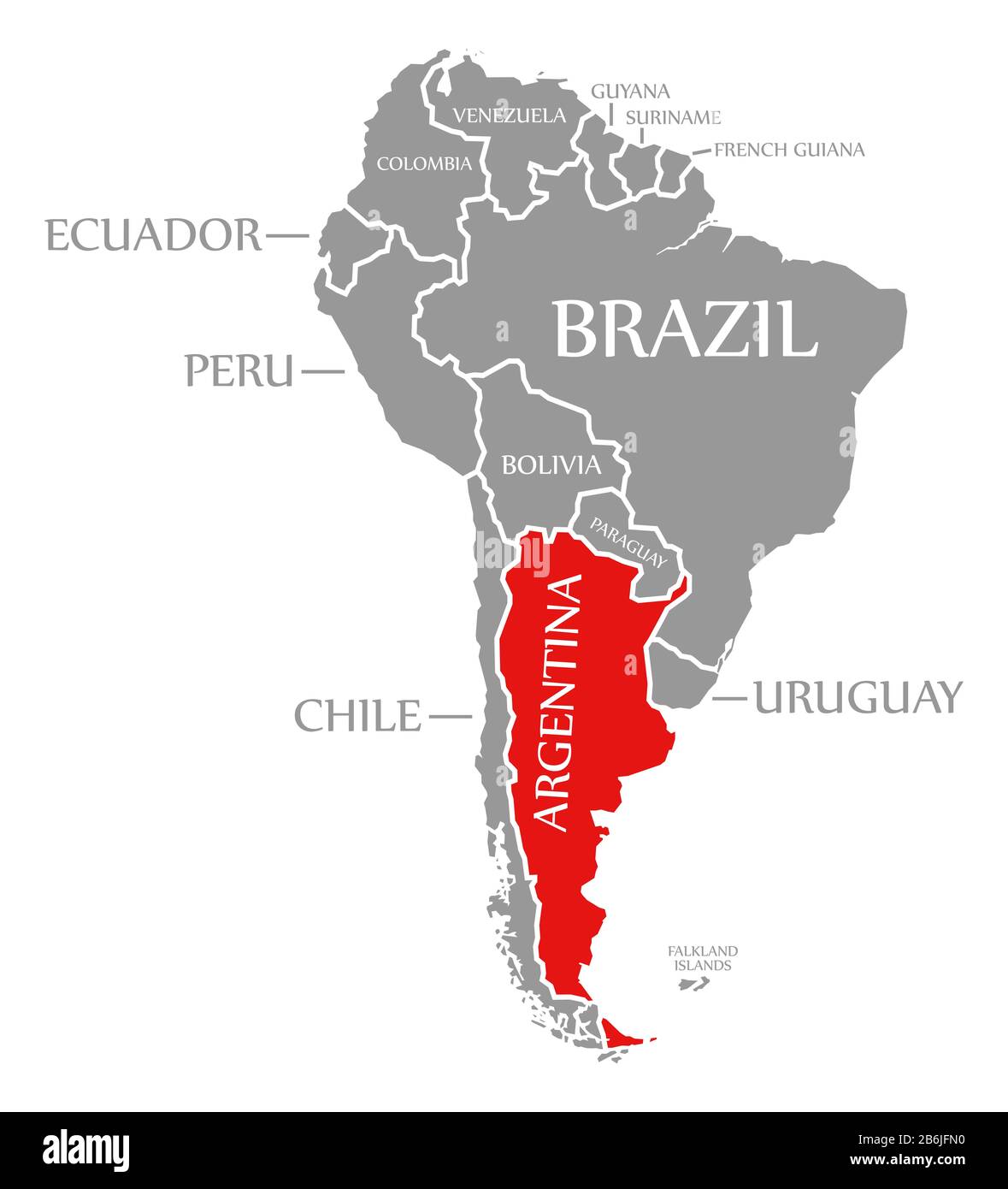 L'Argentine a été mise en évidence en rouge sur la carte du continent de l'Amérique du Sud Banque D'Images
