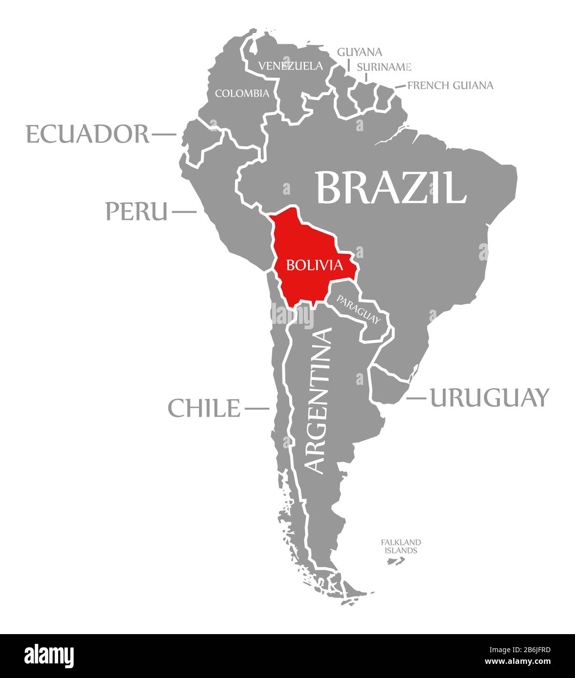 La Bolivie a été mise en évidence en rouge sur la carte du continent de l'Amérique du Sud Banque D'Images