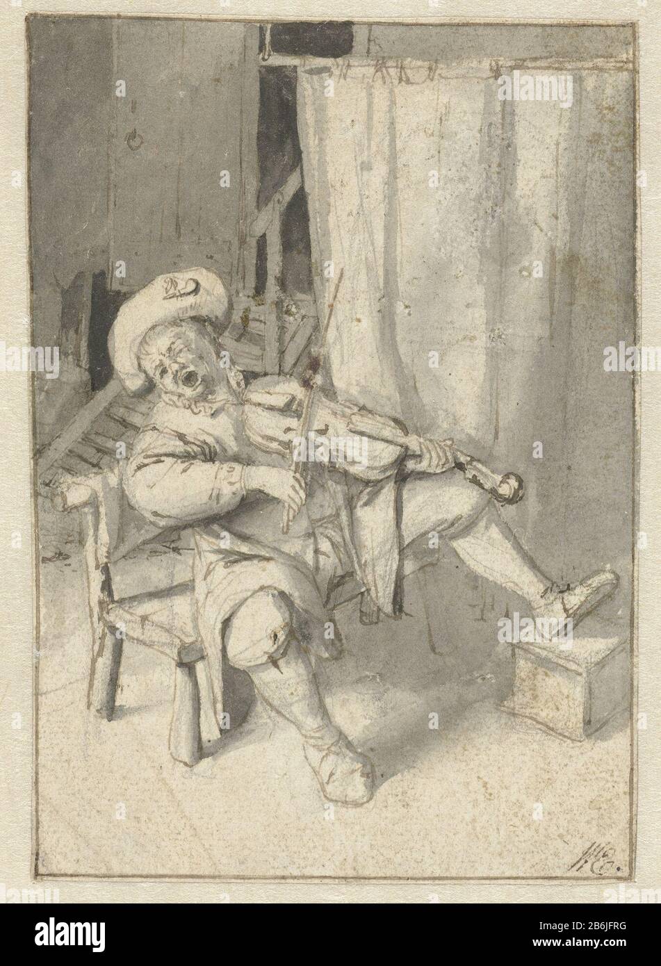 Chant violon joueur Chant violon joueur type d'objet: Dessin Numéro d'objet: RP-T-1902-A-4586 Fabricant : artiste Jan Havicksz. Stone Artist: Cornelis Dusart Dating: 1636 - 1679 Caractéristiques physiques: Stylo en marron et pinceau en gris sur les restes d'un croquis en noir craie matériau: Encre de papier craie technique: Stylo / pinceau dimensions: H 134 mm × b 95 mm Objet: Musique populaire, chanteur de musique de rue S'Accompagnant de violon , violon Banque D'Images