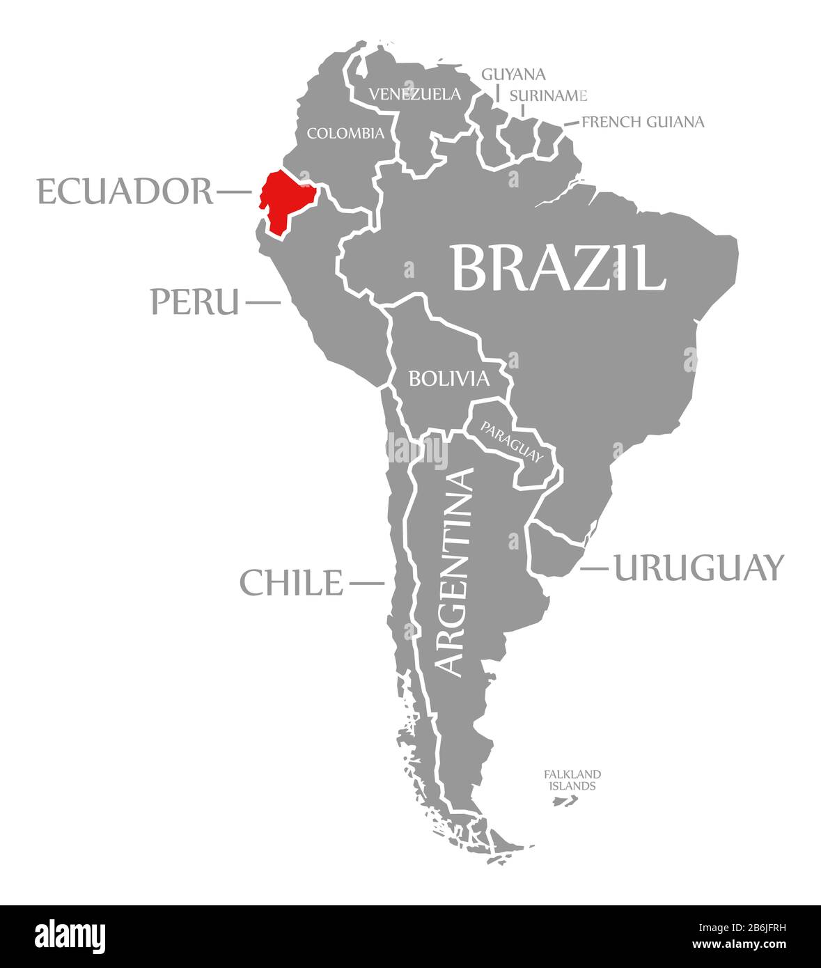 Le rouge de l'Équateur a été mis en évidence sur la carte du continent de l'Amérique du Sud Banque D'Images