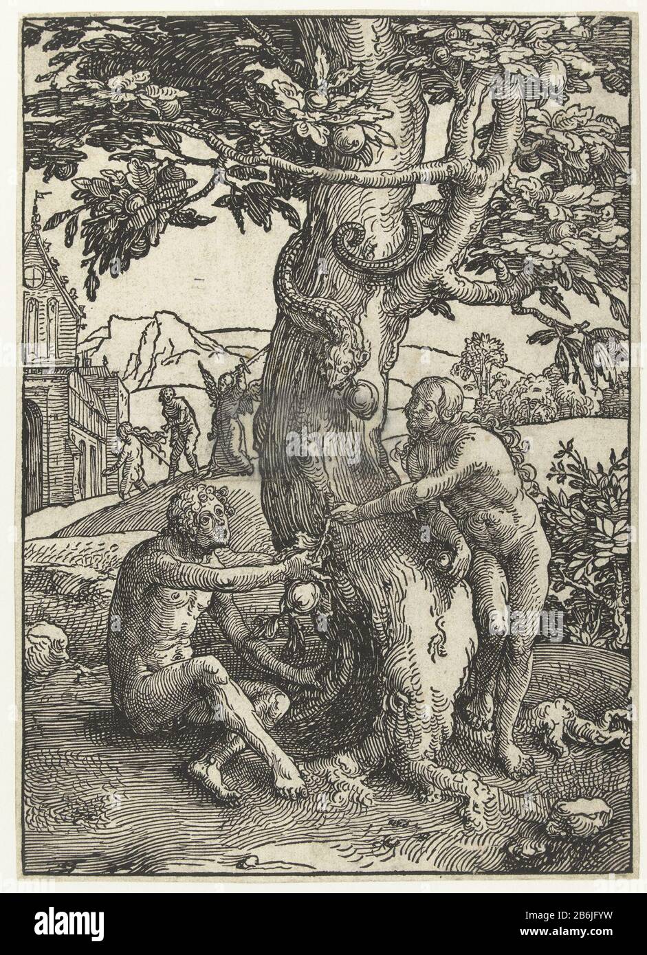 La petite série automne Woman Ecoute (titre de la série) Eve offre à Adam le fruit de. Sur le fond expulsion d'Adam et Eve du Paradis par engel. Fabricant : print maker: Lucas van Leyden Lieu de fabrication: Les Pays-Bas Date: 1515 - 1519 Caractéristiques physiques: Matériau du bloc de bois: Technique du papier: Dimensions du bloc de bois: Image: H 244 mm × W 174 mm Objet: Tentation et automne (scènes avec Adam et Eve) un ange chase Adam et Eve hors du paradis avec une épée (flamboyante) Banque D'Images
