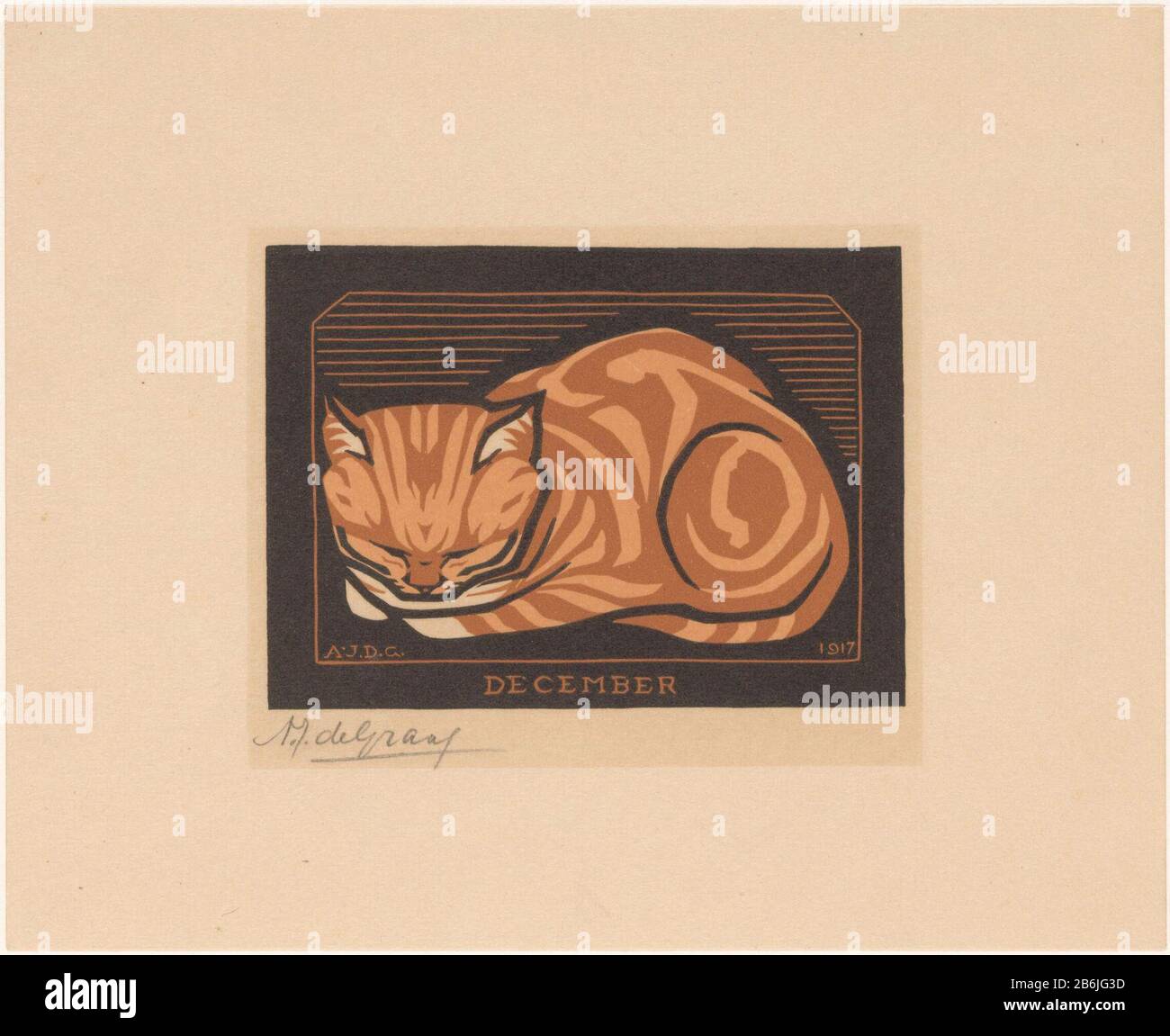Décembre (objet titre original) UN kat endormi. Fabricant : printmaker: Julie le like ( personnellement signé) Date: 1917 Caractéristiques physiques: Bois coupé en noir et marron, imprimé à partir de trois blocs matériau: Papier technique: Dimensions de la coupe du bois: Feuille: H 155 mm × W 191 mm Sujet: Décembre; 'décembre' (Ripa) Banque D'Images